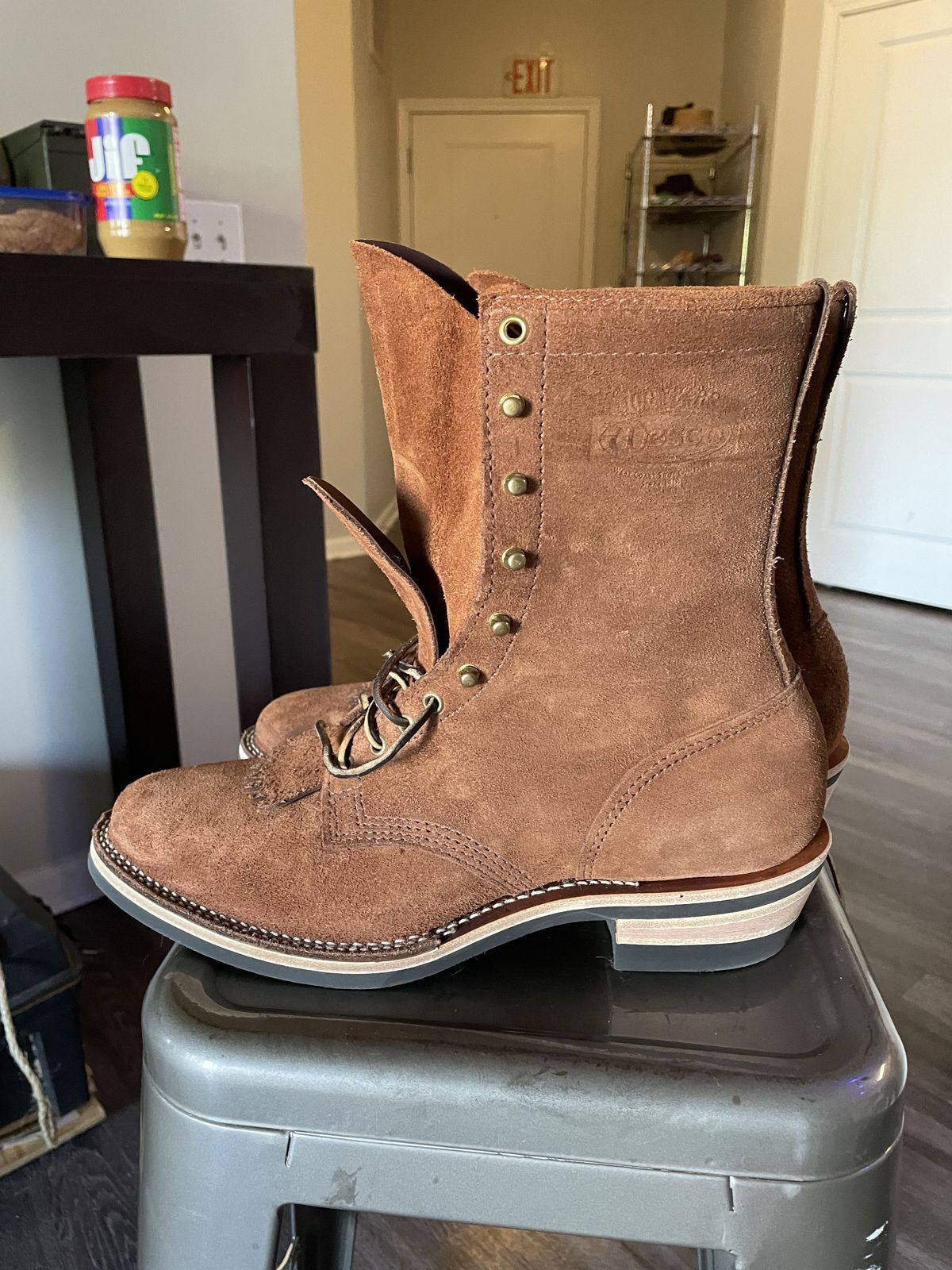 Photo by patinathunderdome on October 1, 2021 of the Wesco Packer in Seidel Brown Oil Tan Roughout.