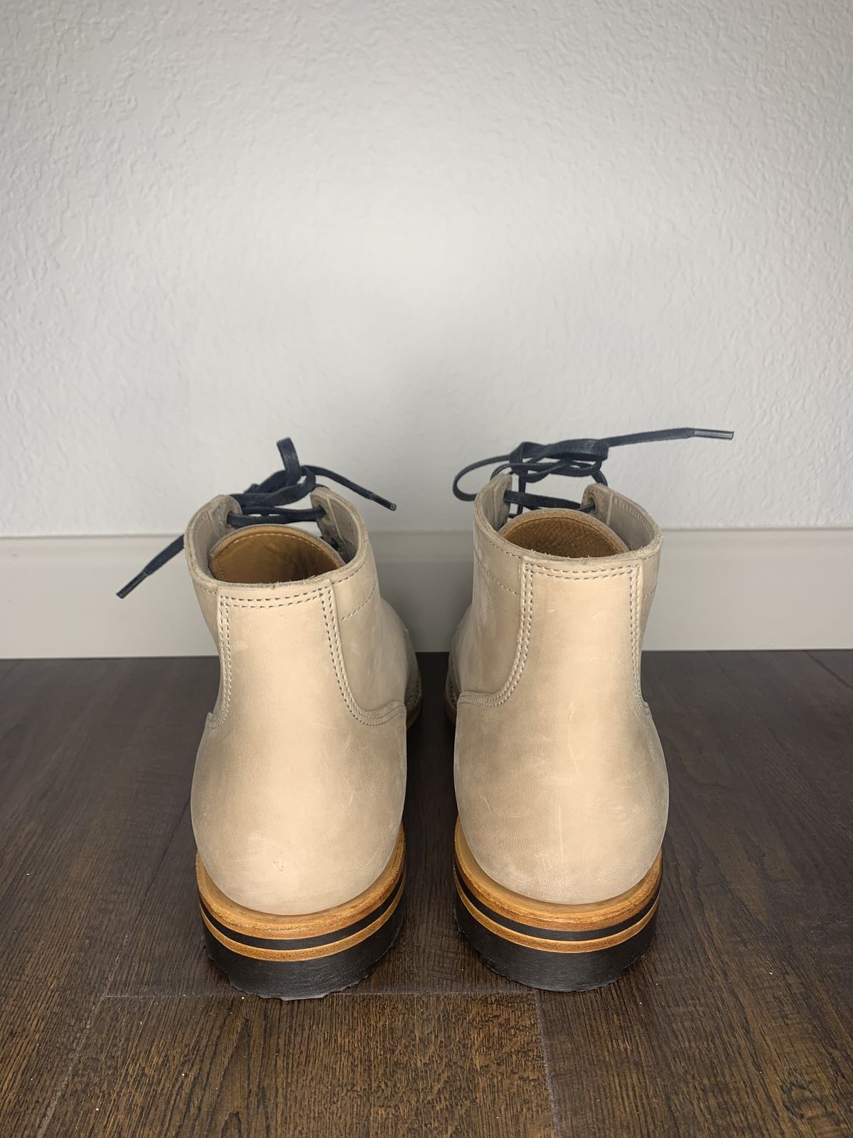 Photo by patinathunderdome on October 1, 2021 of the Viberg Service Boot in Maryam Light Grey Horsebutt.