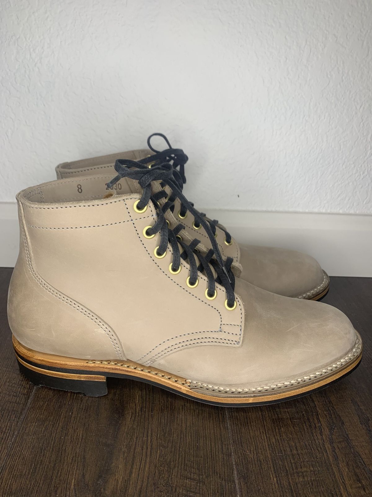 Photo by patinathunderdome on October 1, 2021 of the Viberg Service Boot in Maryam Light Grey Horsebutt.