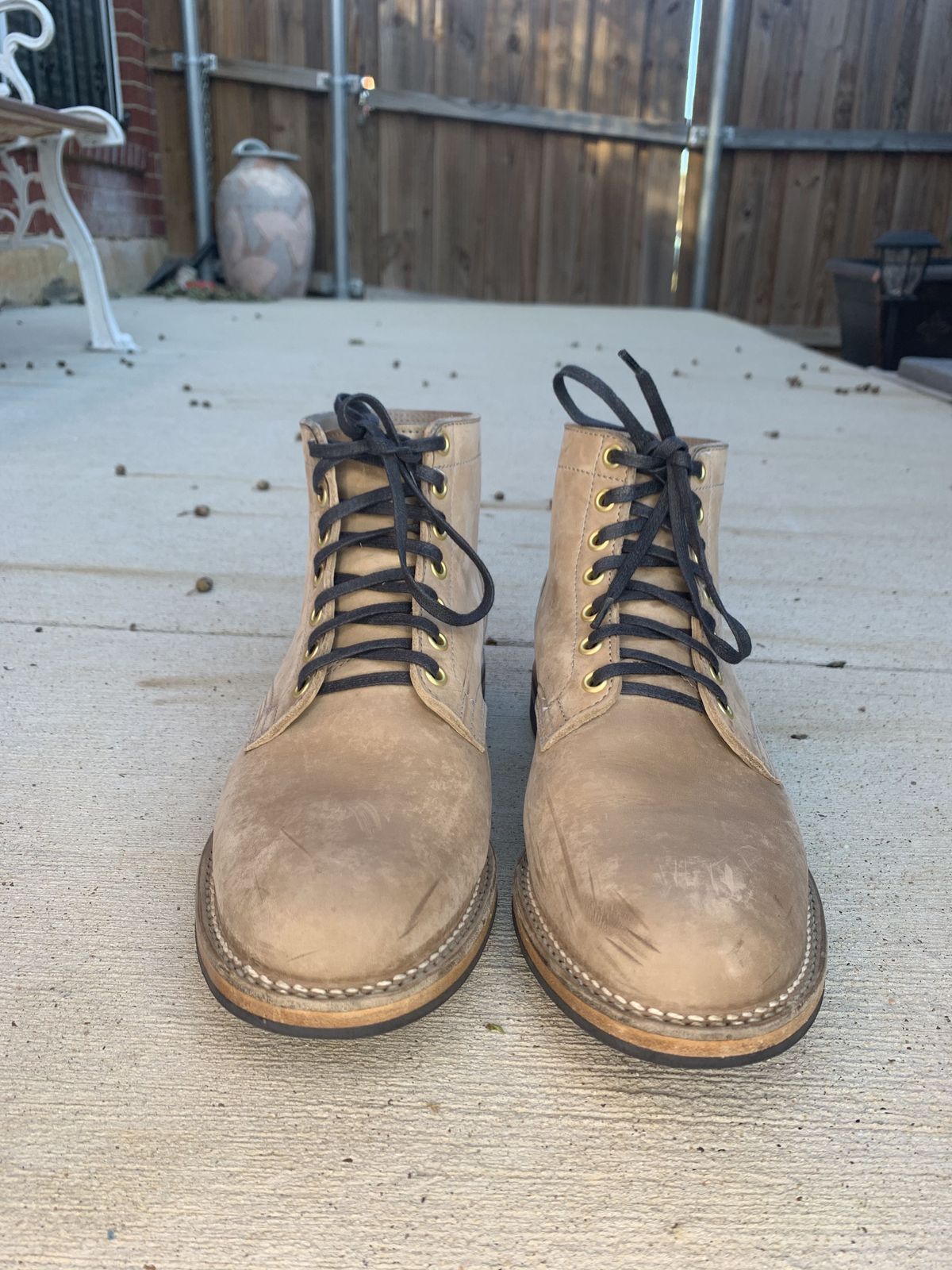 Photo by patinathunderdome on November 6, 2021 of the Viberg Service Boot in Maryam Light Grey Horsebutt.