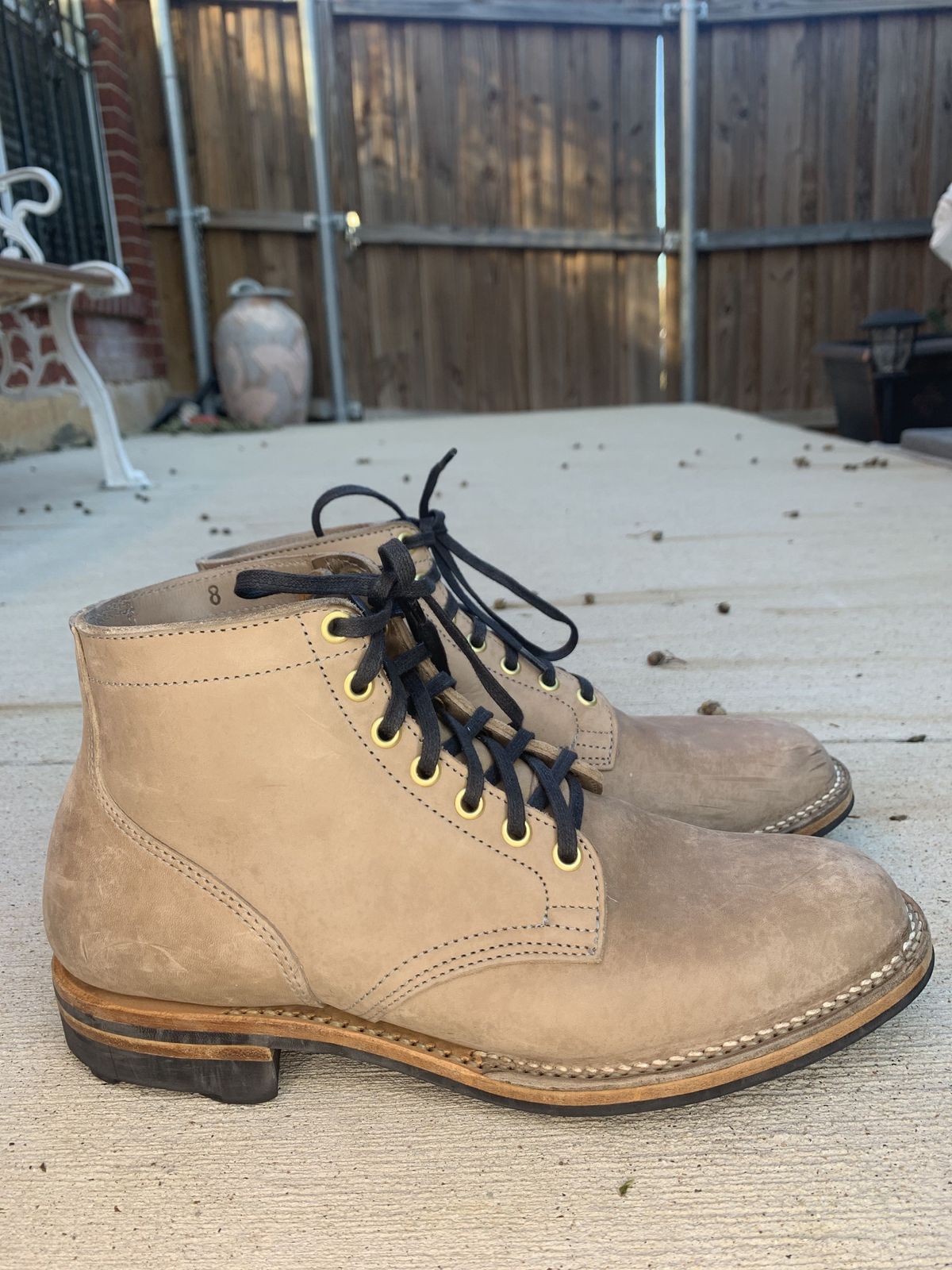 Photo by patinathunderdome on November 6, 2021 of the Viberg Service Boot in Maryam Light Grey Horsebutt.