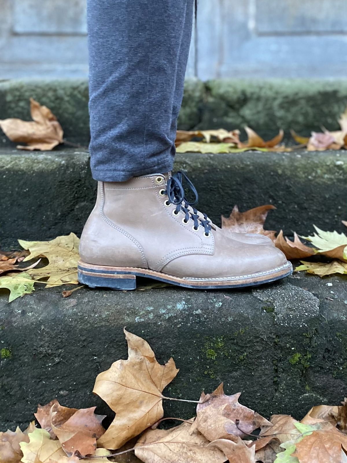 Photo by patinathunderdome on December 5, 2021 of the Viberg Service Boot in Maryam Light Grey Horsebutt.