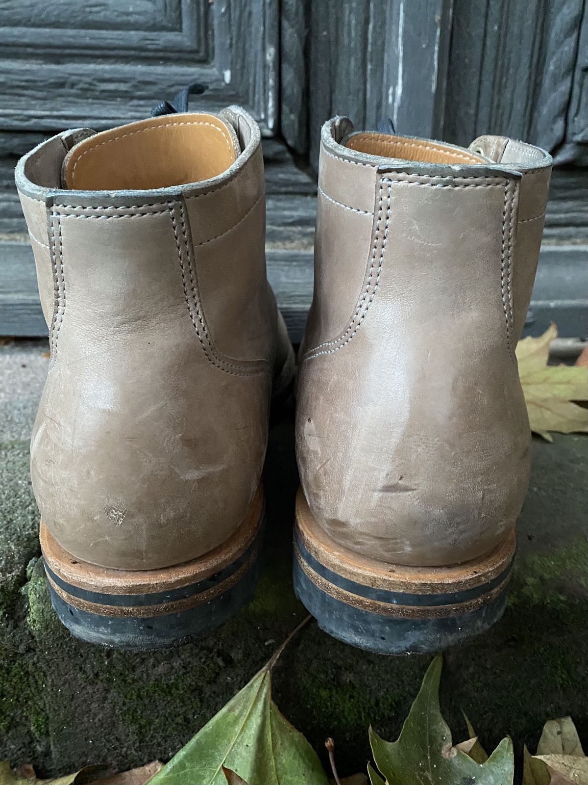 Photo by patinathunderdome on December 5, 2021 of the Viberg Service Boot in Maryam Light Grey Horsebutt.