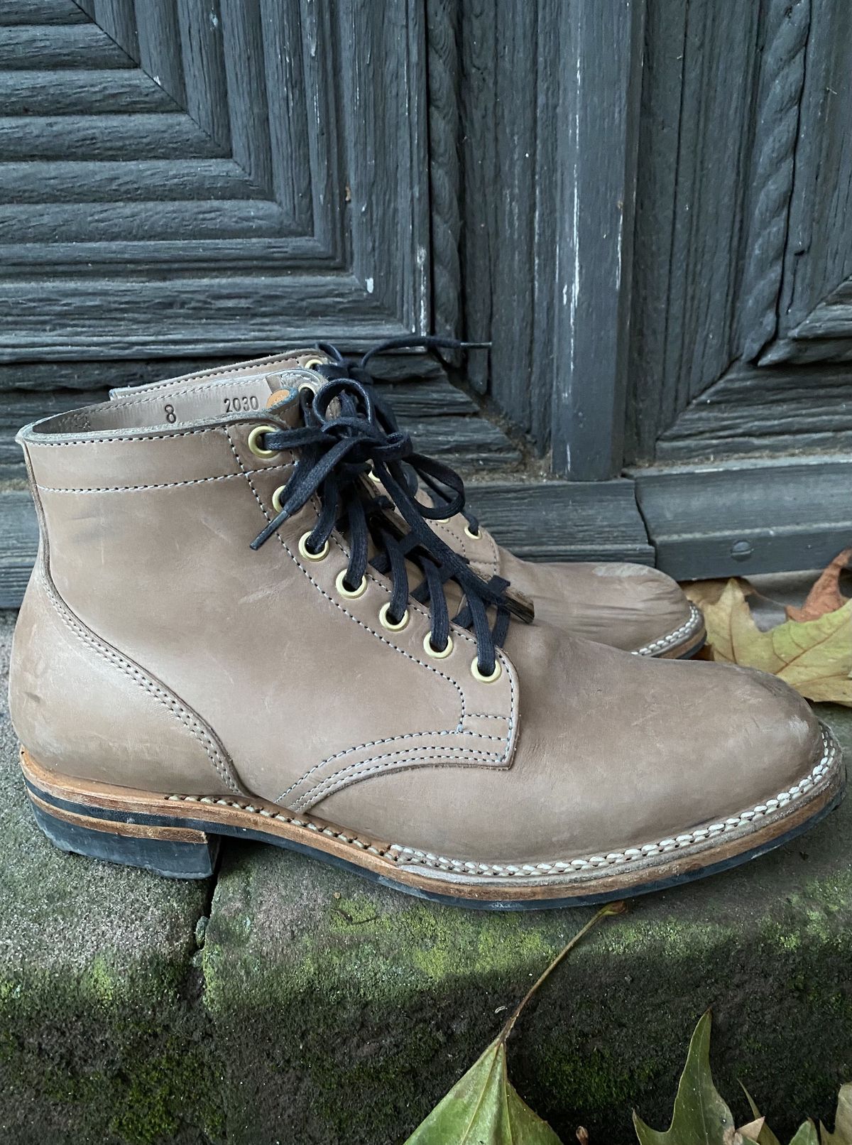 Photo by patinathunderdome on December 5, 2021 of the Viberg Service Boot in Maryam Light Grey Horsebutt.