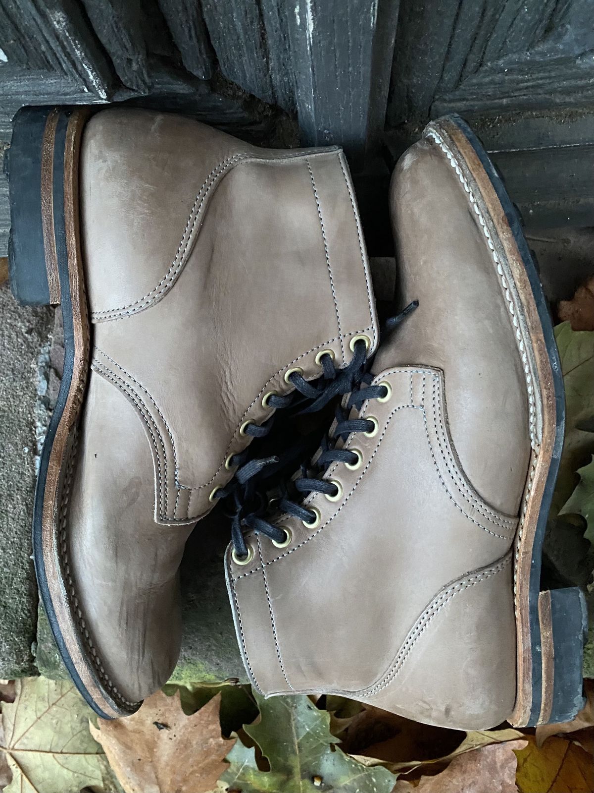 Photo by patinathunderdome on December 5, 2021 of the Viberg Service Boot in Maryam Light Grey Horsebutt.