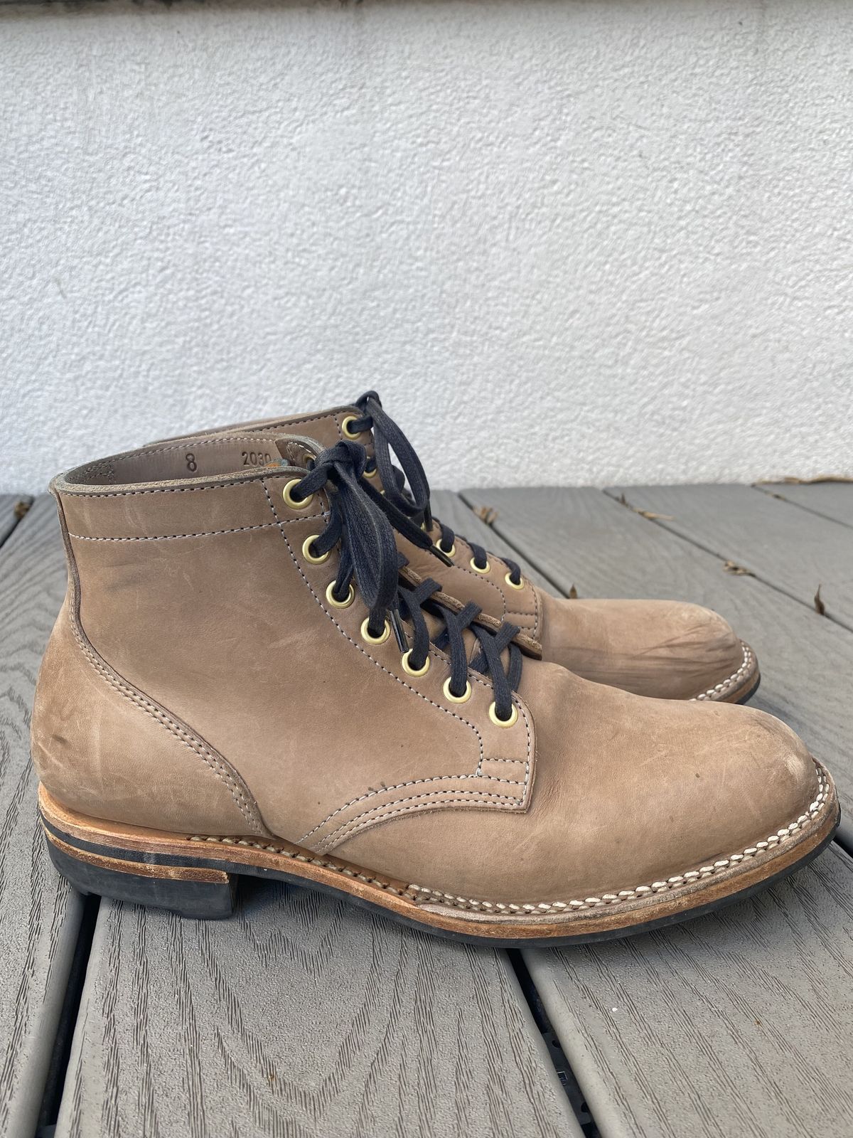 Photo by patinathunderdome on January 6, 2022 of the Viberg Service Boot in Maryam Light Grey Horsebutt.