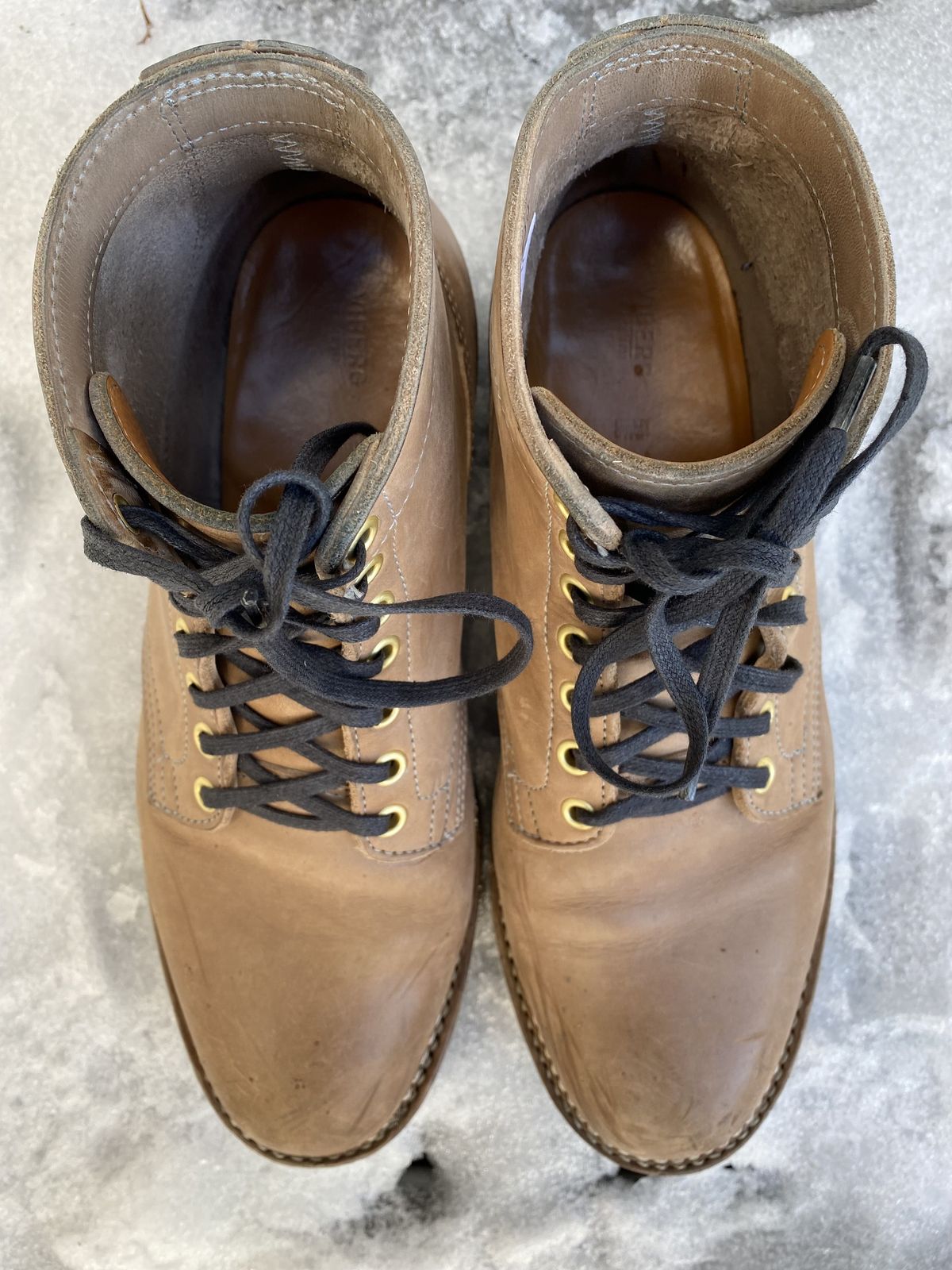 Photo by patinathunderdome on February 6, 2022 of the Viberg Service Boot in Maryam Light Grey Horsebutt.