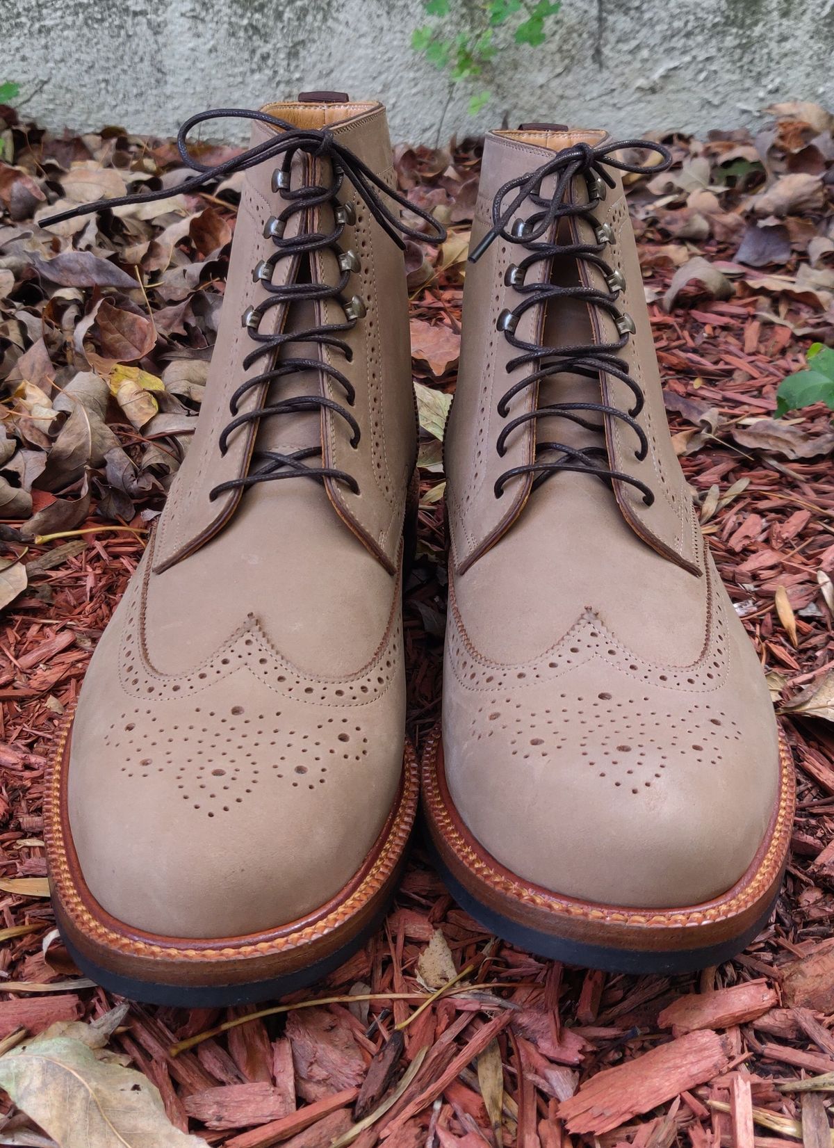 Photo by patinathunderdome on October 2, 2021 of the Beckett Simonon Nolan Brogue Boots in Walnut Nubuck.