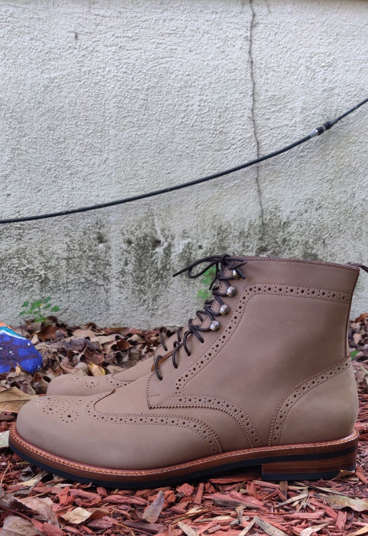 Photo by patinathunderdome on October 2, 2021 of the Beckett Simonon Nolan Brogue Boots in Walnut Nubuck.