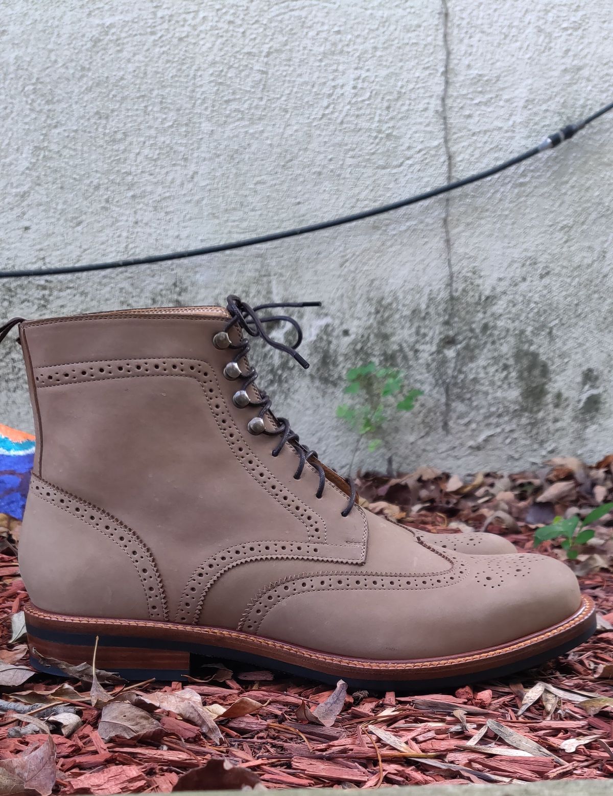Photo by patinathunderdome on October 2, 2021 of the Beckett Simonon Nolan Brogue Boots in Walnut Nubuck.