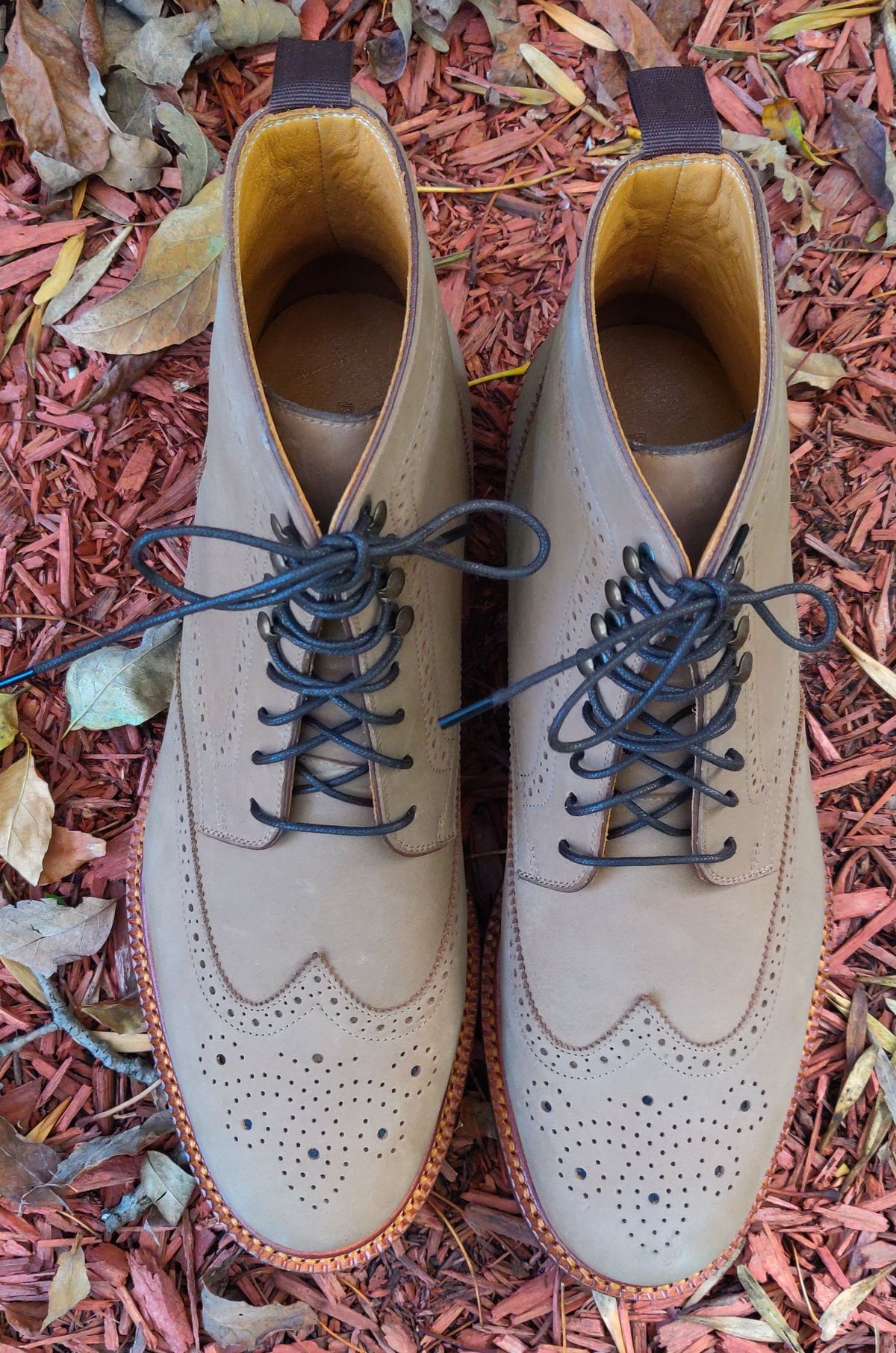 Photo by patinathunderdome on October 2, 2021 of the Beckett Simonon Nolan Brogue Boots in Walnut Nubuck.