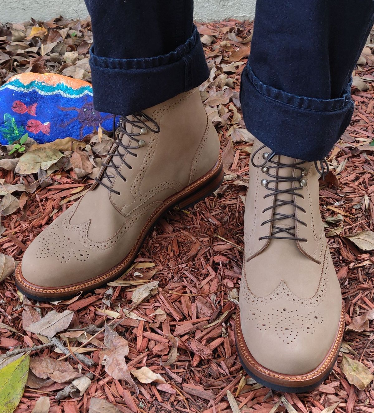 Photo by patinathunderdome on October 2, 2021 of the Beckett Simonon Nolan Brogue Boots in Walnut Nubuck.