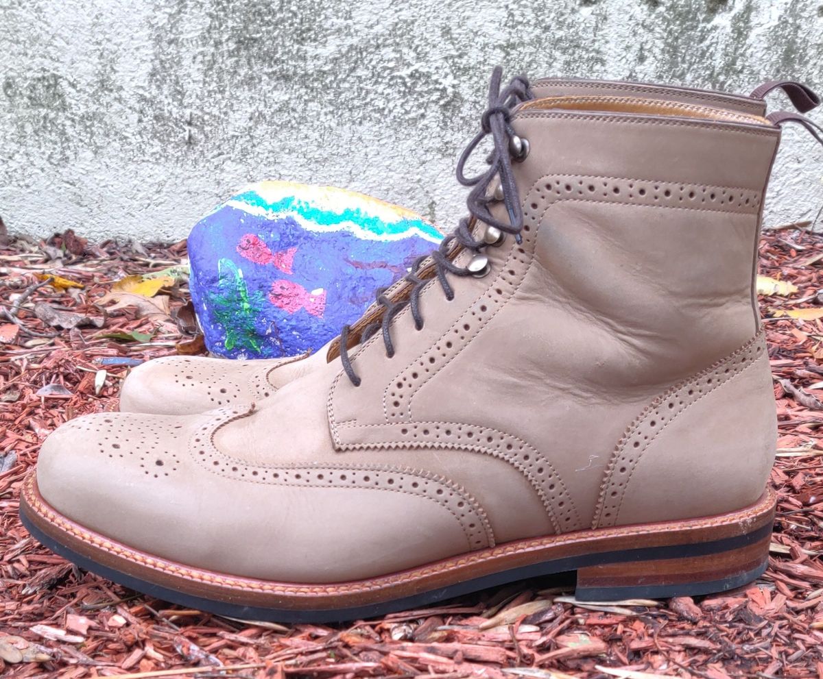 Photo by patinathunderdome on November 2, 2021 of the Beckett Simonon Nolan Brogue Boots in Walnut Nubuck.