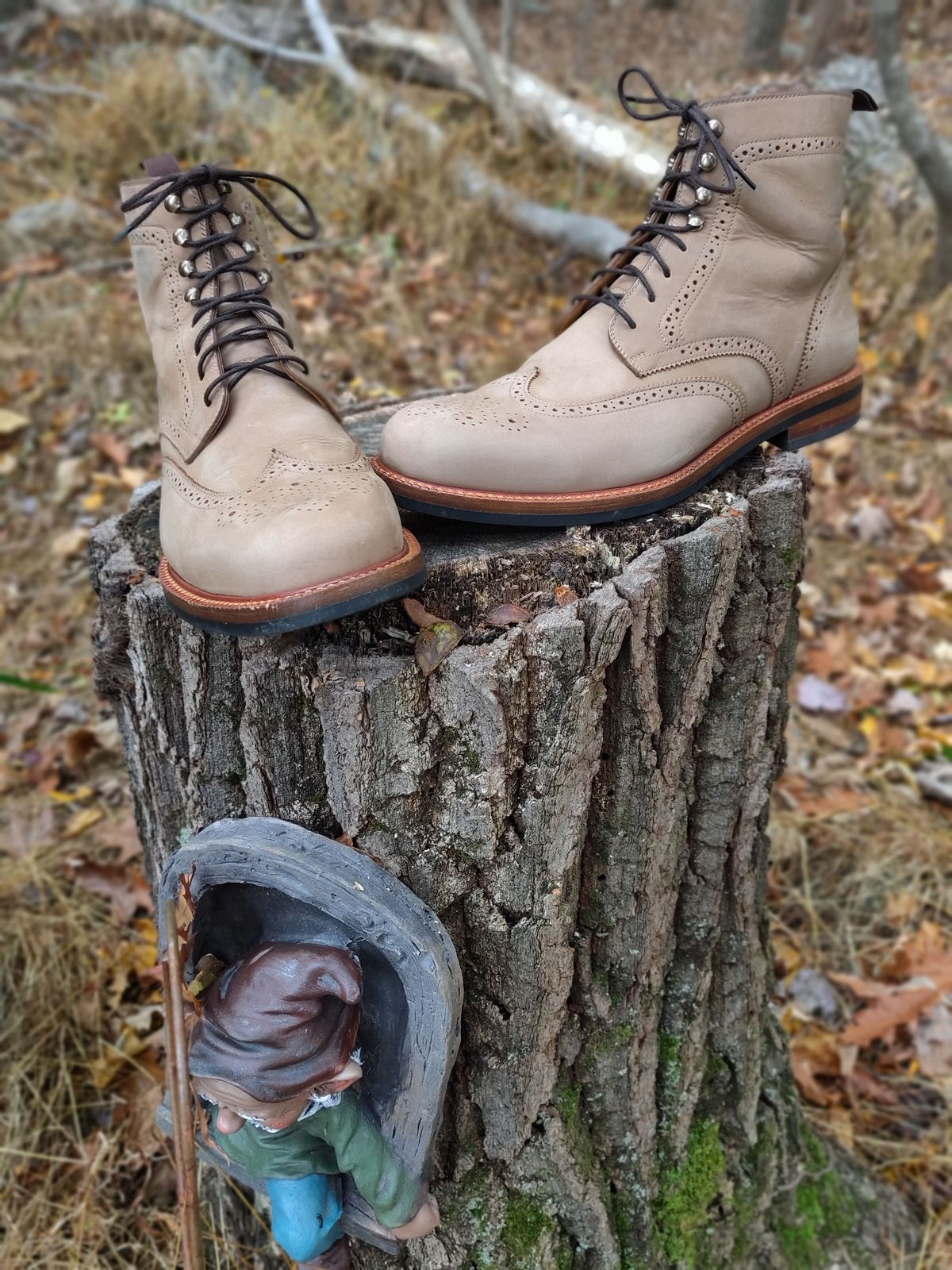 Photo by patinathunderdome on November 2, 2021 of the Beckett Simonon Nolan Brogue Boots in Walnut Nubuck.