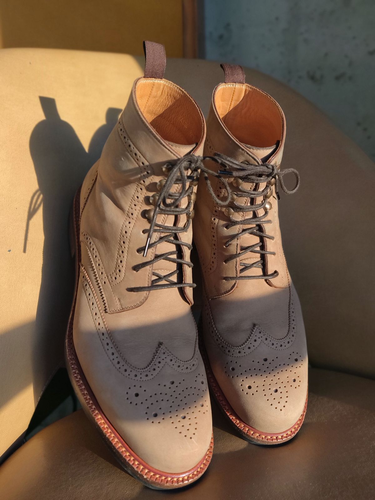 Photo by patinathunderdome on December 2, 2021 of the Beckett Simonon Nolan Brogue Boots in Walnut Nubuck.