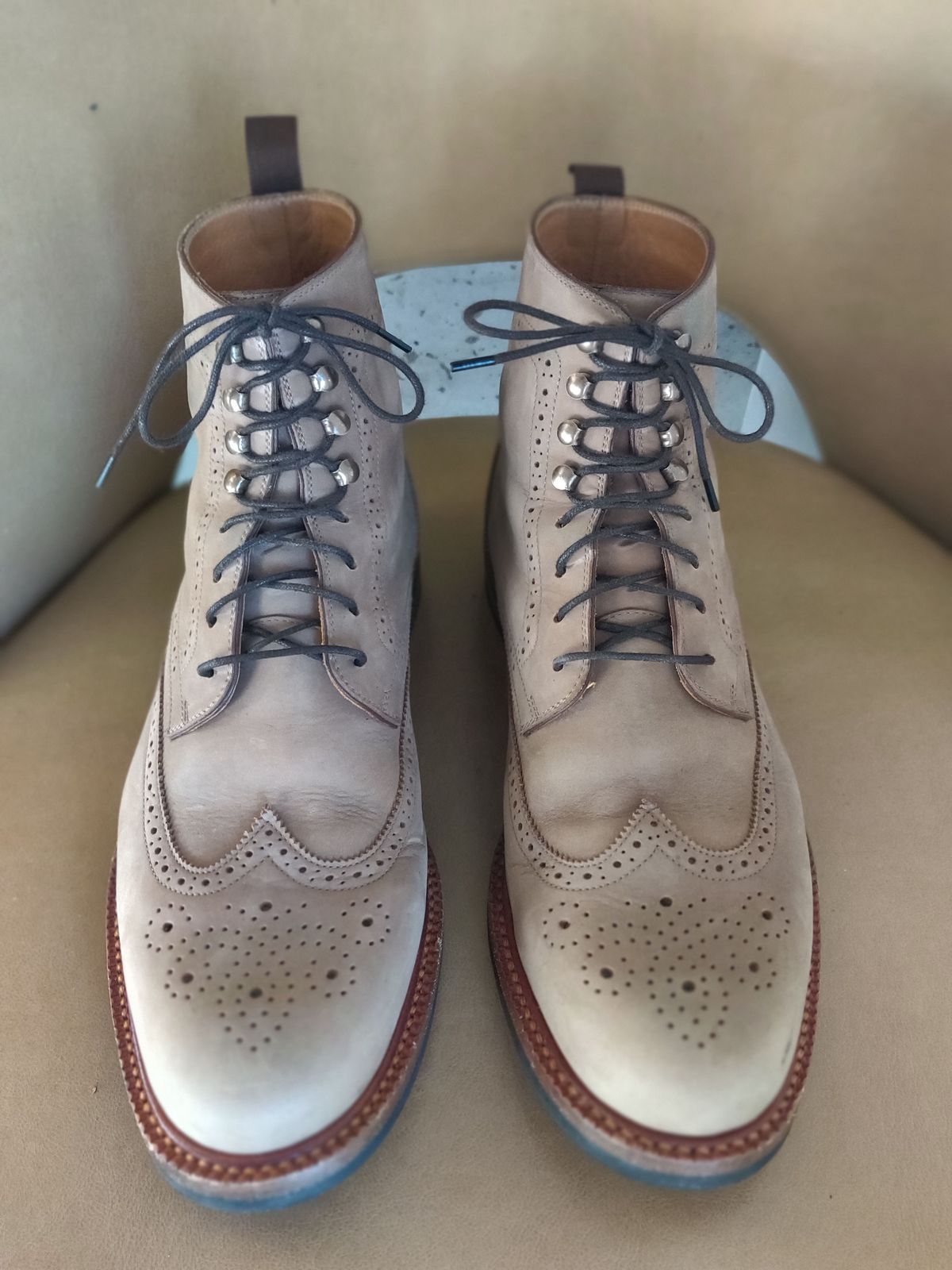 Photo by patinathunderdome on December 2, 2021 of the Beckett Simonon Nolan Brogue Boots in Walnut Nubuck.