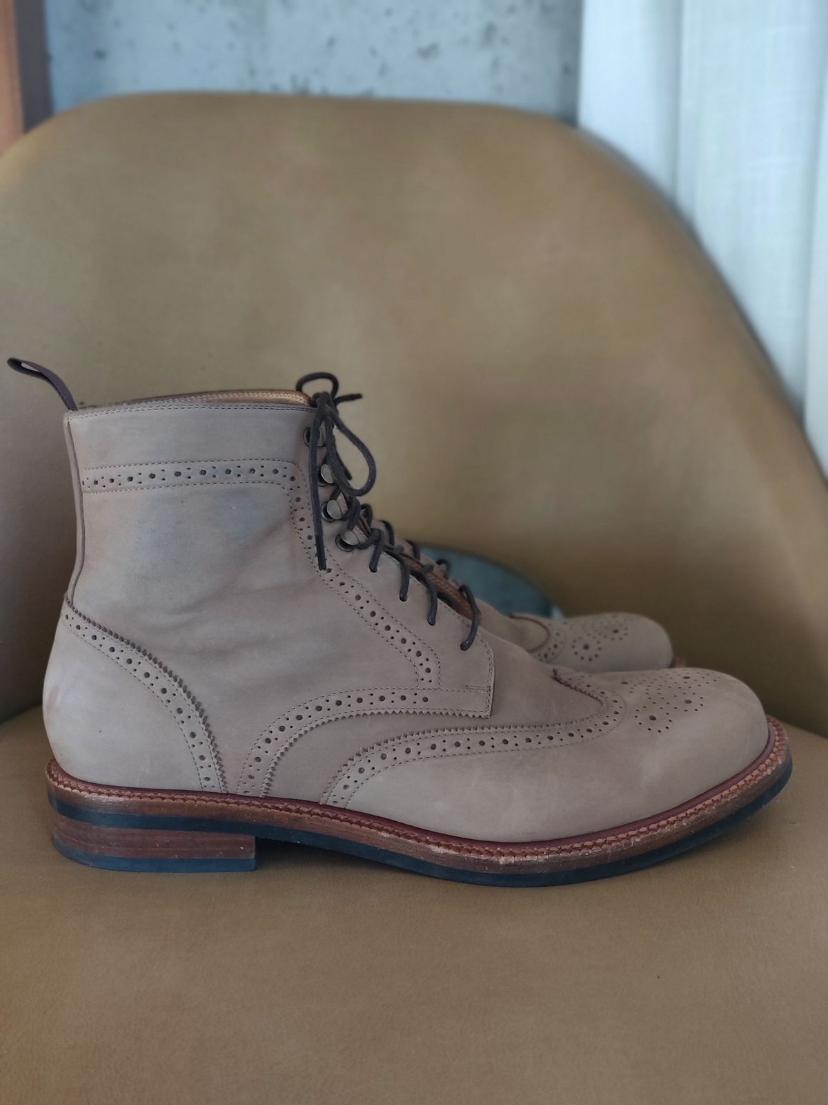 Photo by patinathunderdome on December 2, 2021 of the Beckett Simonon Nolan Brogue Boots in Walnut Nubuck.
