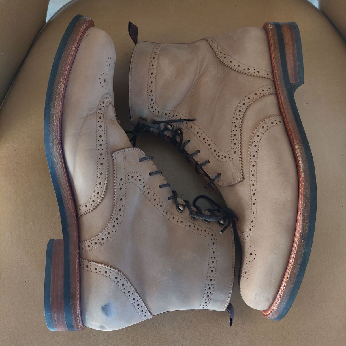 Photo by patinathunderdome on December 2, 2021 of the Beckett Simonon Nolan Brogue Boots in Walnut Nubuck.