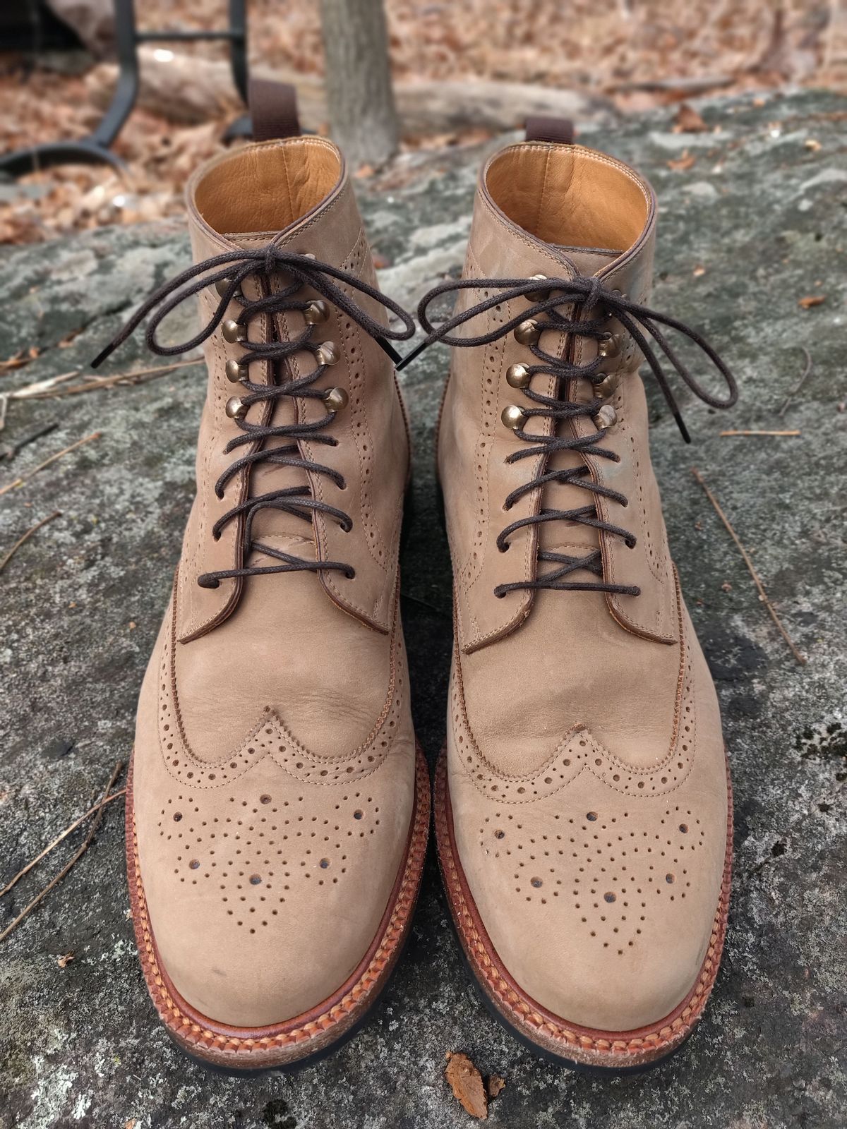 Photo by patinathunderdome on January 3, 2022 of the Beckett Simonon Nolan Brogue Boots in Walnut Nubuck.