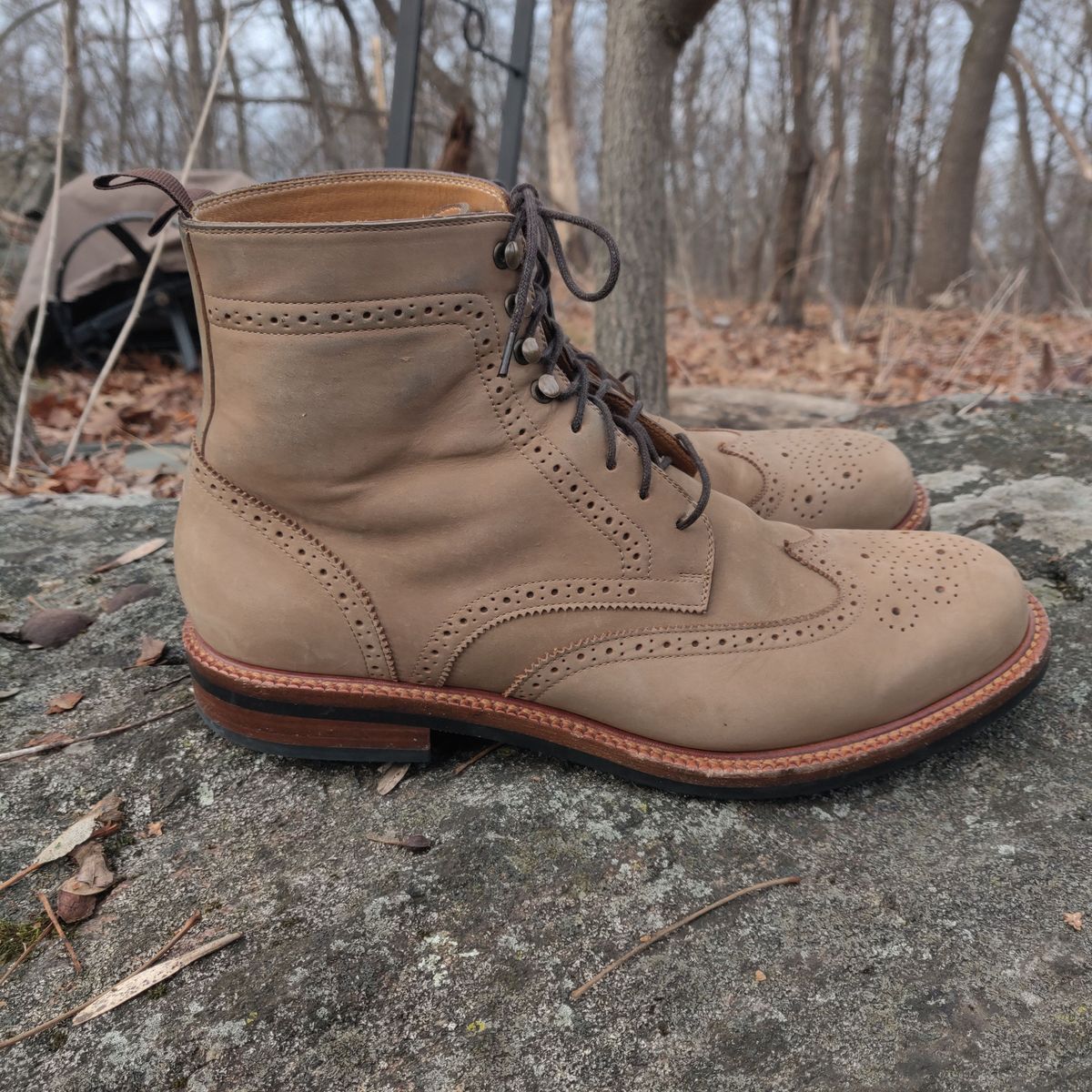 Photo by patinathunderdome on January 3, 2022 of the Beckett Simonon Nolan Brogue Boots in Walnut Nubuck.