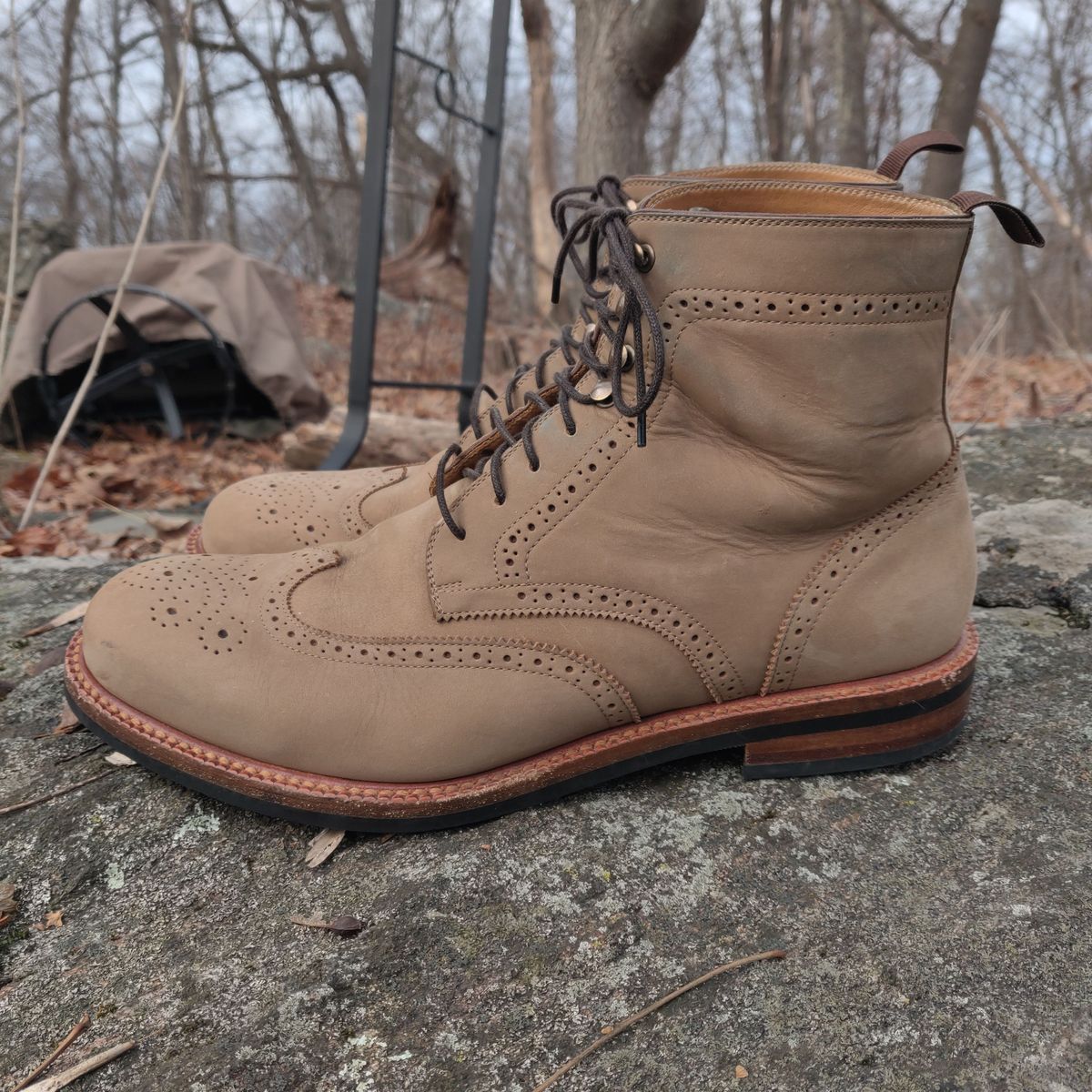 Photo by patinathunderdome on January 3, 2022 of the Beckett Simonon Nolan Brogue Boots in Walnut Nubuck.