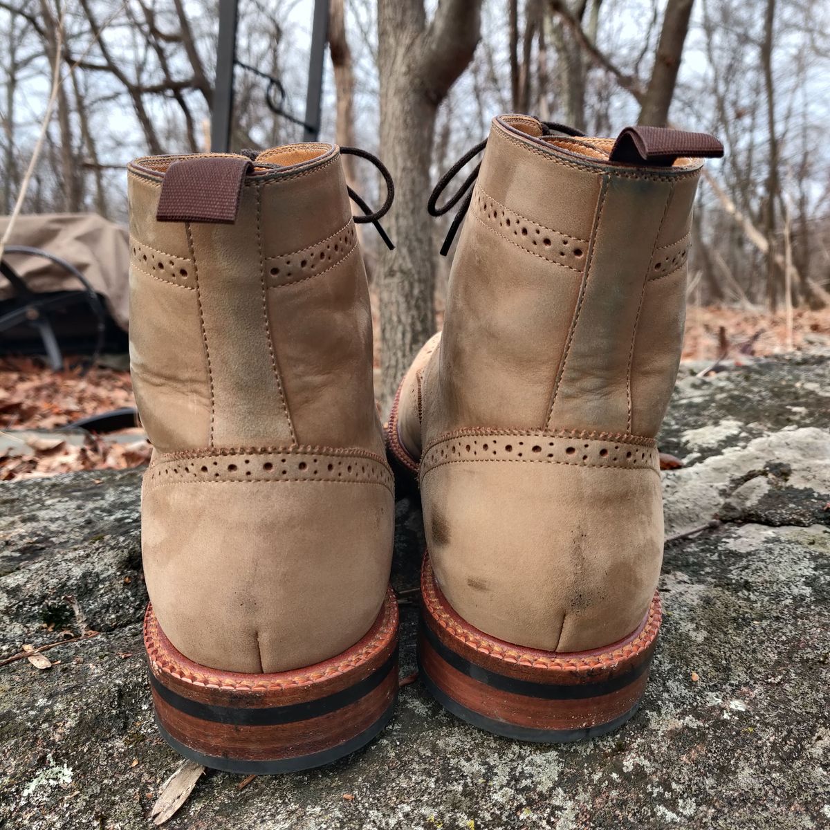 Photo by patinathunderdome on January 3, 2022 of the Beckett Simonon Nolan Brogue Boots in Walnut Nubuck.