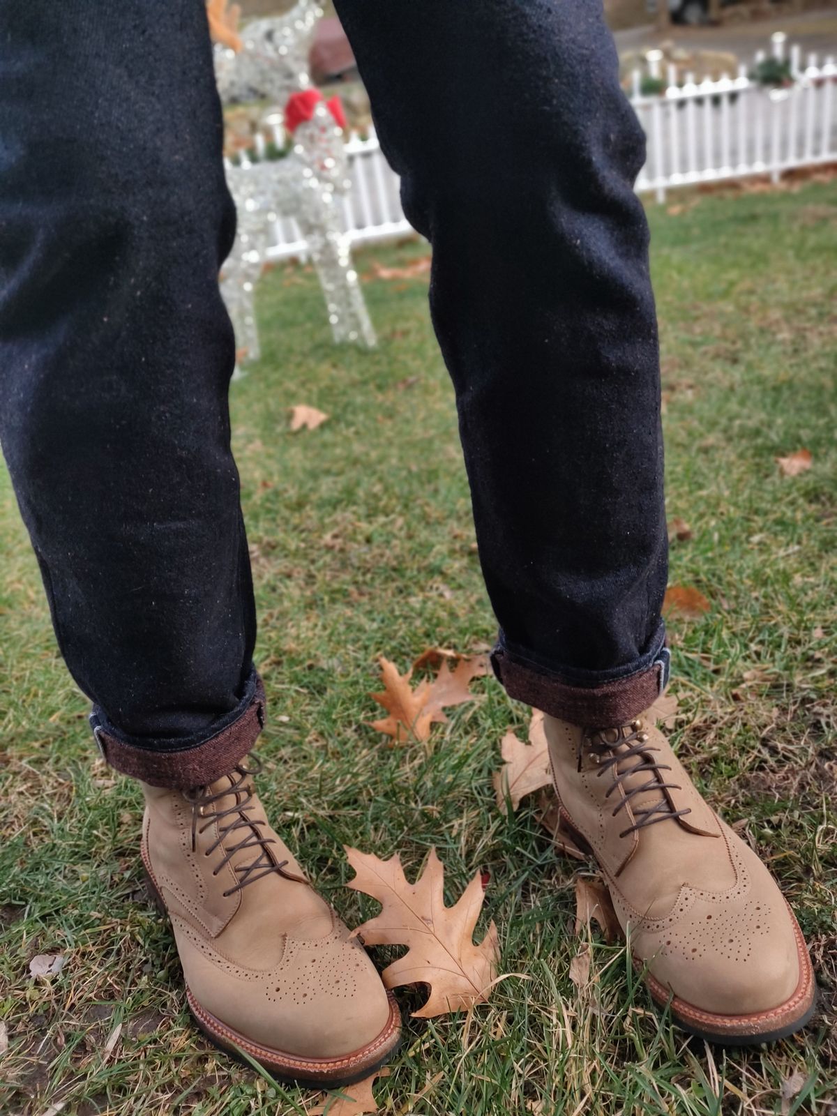 Photo by patinathunderdome on January 3, 2022 of the Beckett Simonon Nolan Brogue Boots in Walnut Nubuck.