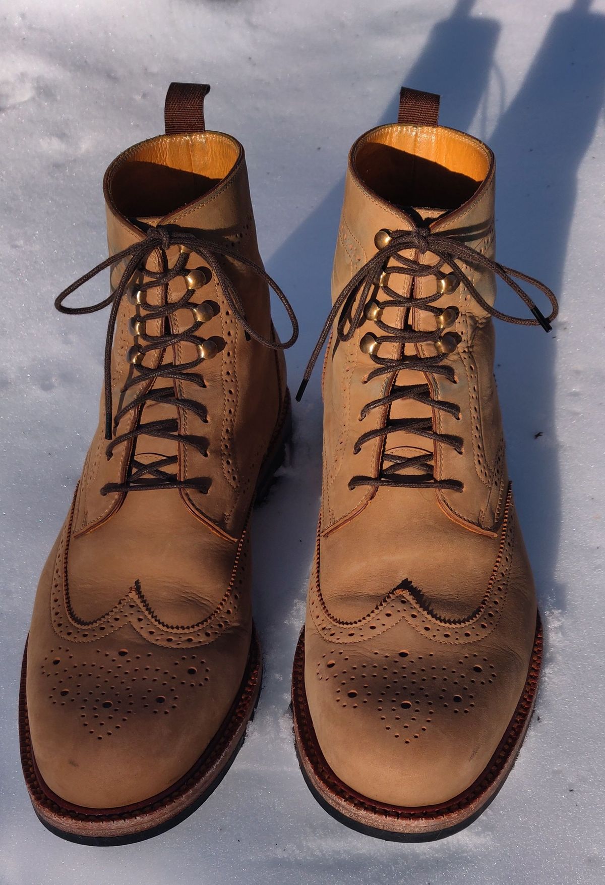 Photo by patinathunderdome on February 1, 2022 of the Beckett Simonon Nolan Brogue Boots in Walnut Nubuck.