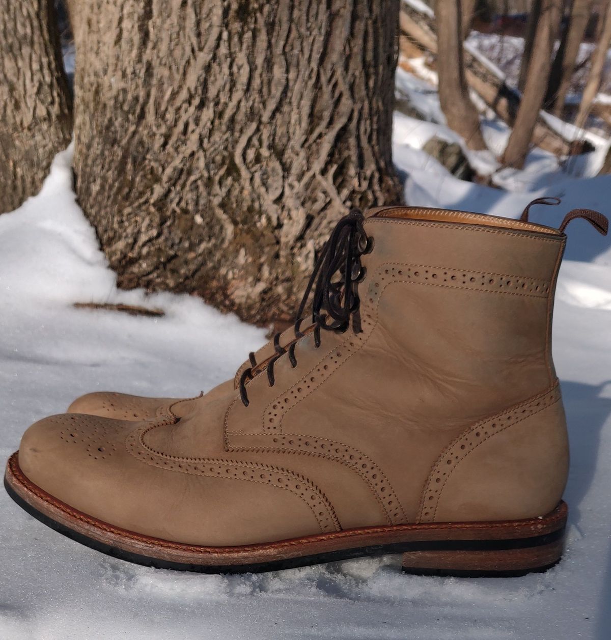 Photo by patinathunderdome on February 1, 2022 of the Beckett Simonon Nolan Brogue Boots in Walnut Nubuck.