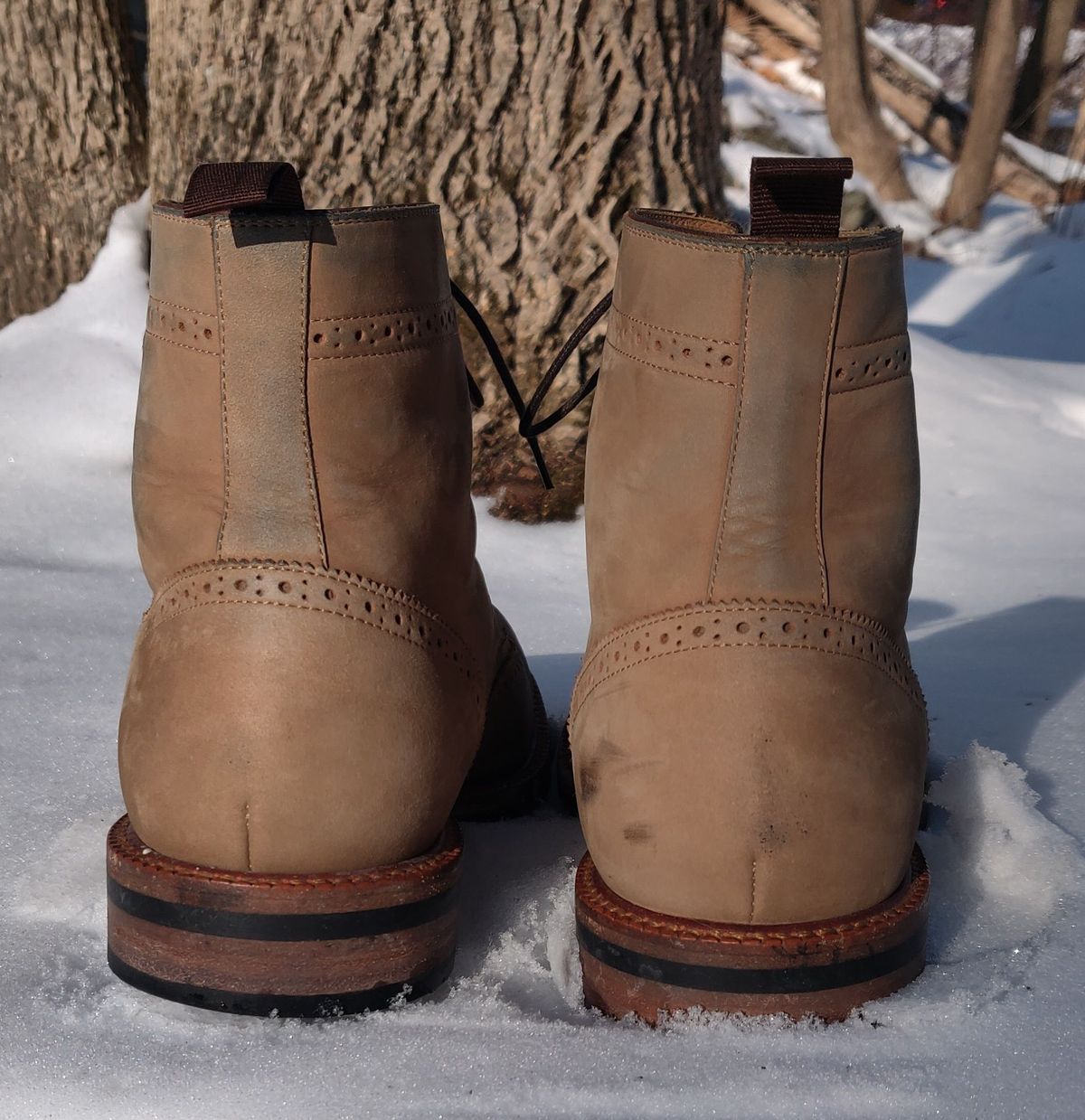 Photo by patinathunderdome on February 1, 2022 of the Beckett Simonon Nolan Brogue Boots in Walnut Nubuck.