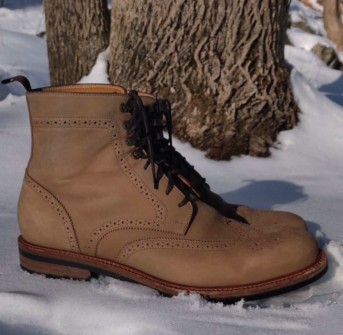 Photo by patinathunderdome on February 1, 2022 of the Beckett Simonon Nolan Brogue Boots in Walnut Nubuck.