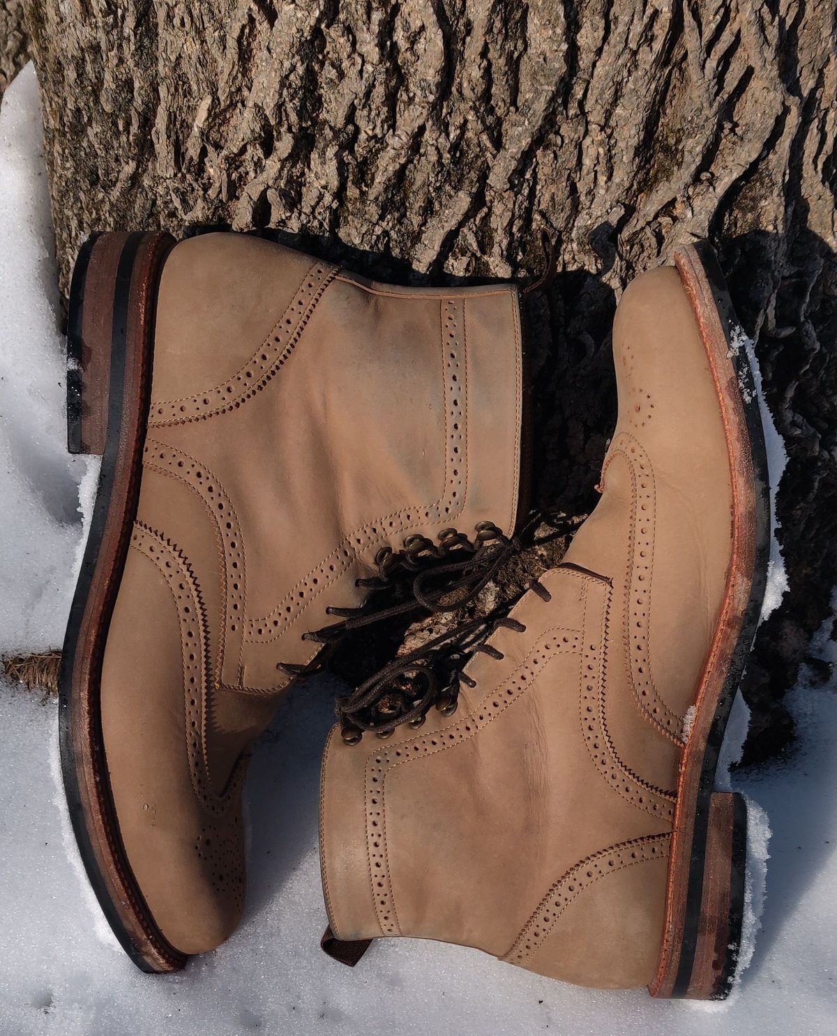 Photo by patinathunderdome on February 1, 2022 of the Beckett Simonon Nolan Brogue Boots in Walnut Nubuck.