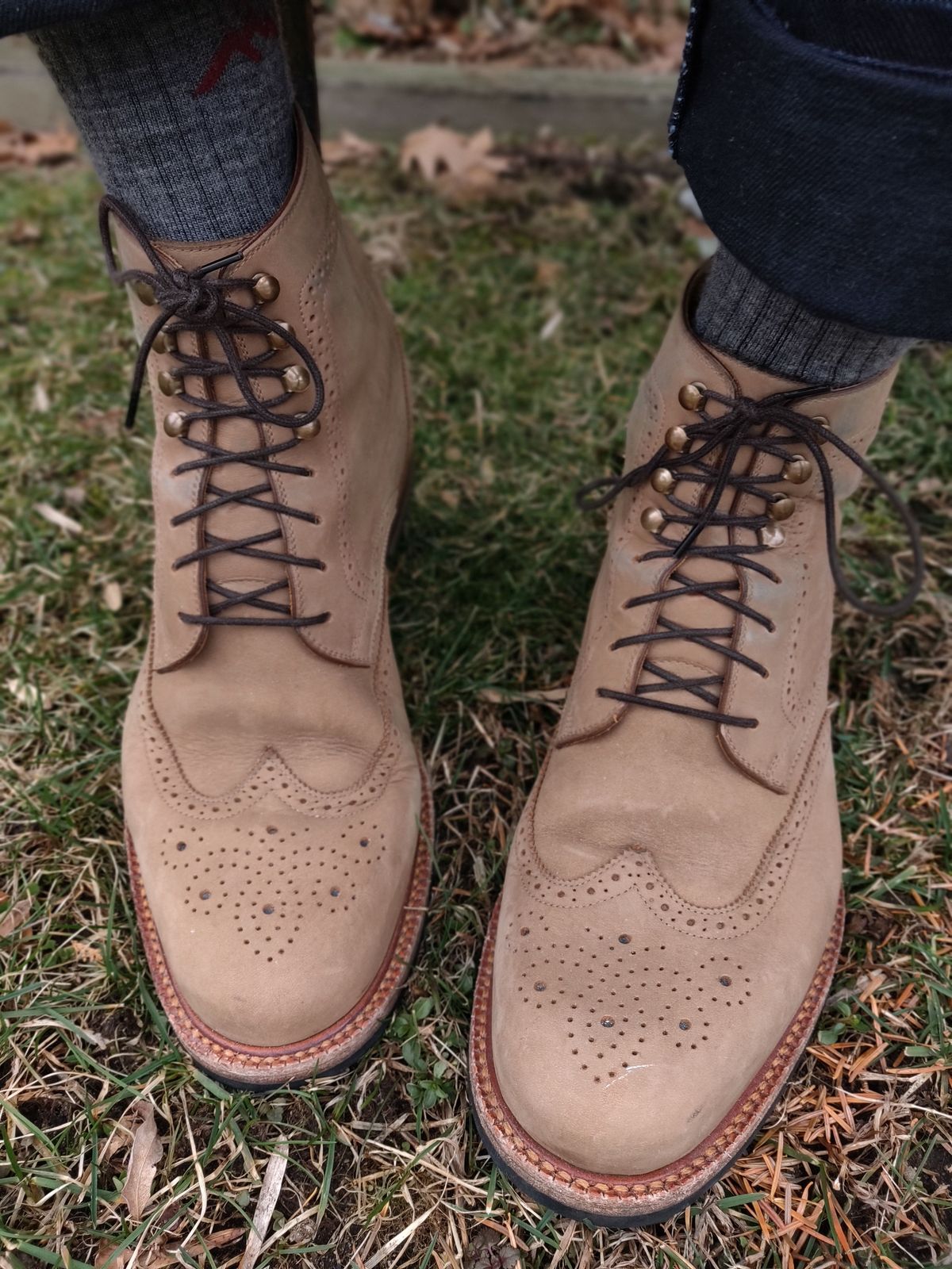 Photo by patinathunderdome on March 1, 2022 of the Beckett Simonon Nolan Brogue Boots in Walnut Nubuck.