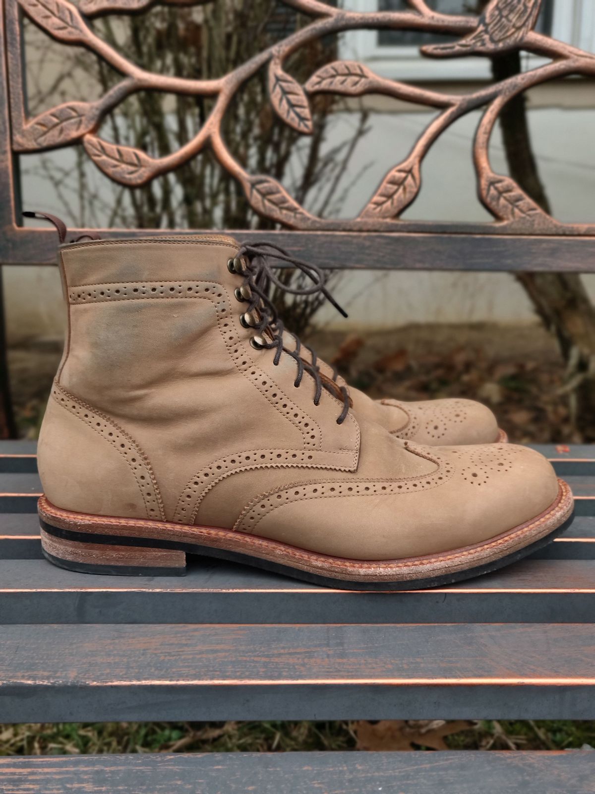 Photo by patinathunderdome on March 1, 2022 of the Beckett Simonon Nolan Brogue Boots in Walnut Nubuck.