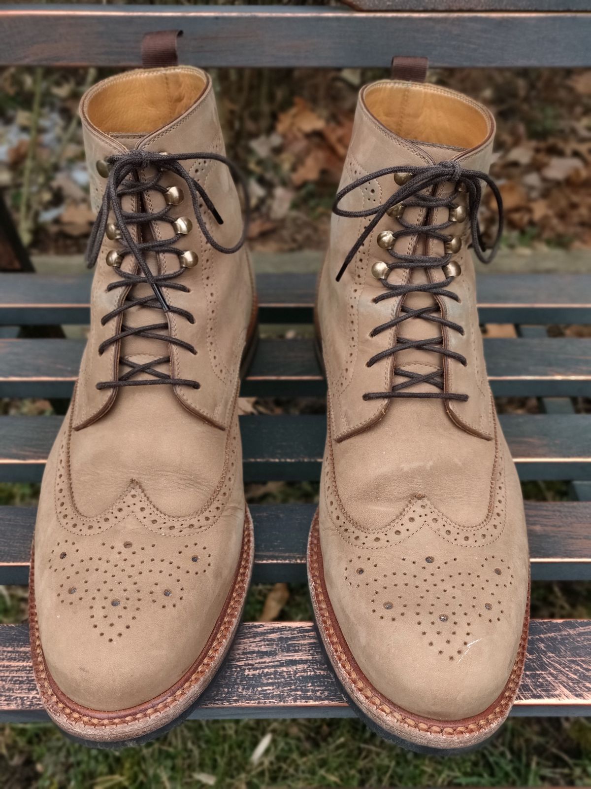 Photo by patinathunderdome on March 1, 2022 of the Beckett Simonon Nolan Brogue Boots in Walnut Nubuck.