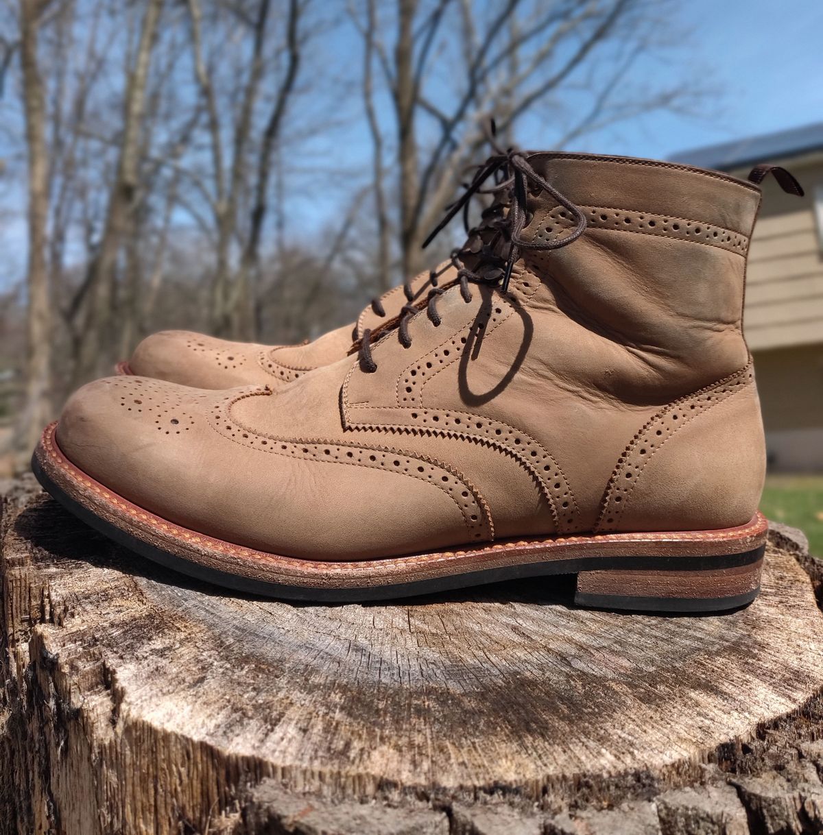 Photo by patinathunderdome on April 3, 2022 of the Beckett Simonon Nolan Brogue Boots in Walnut Nubuck.