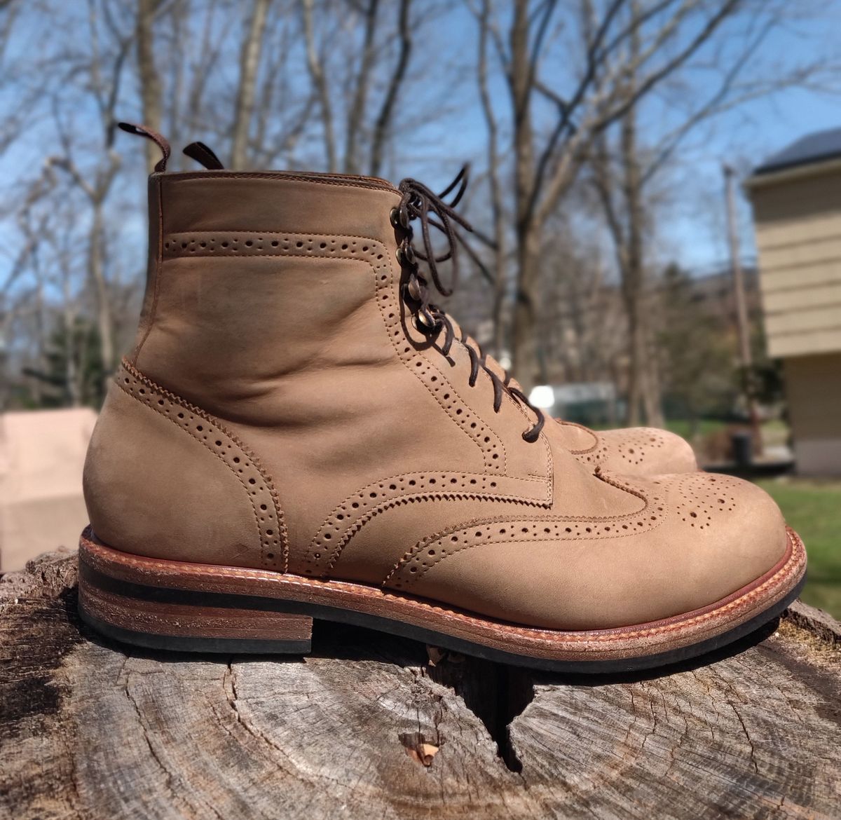 Photo by patinathunderdome on April 3, 2022 of the Beckett Simonon Nolan Brogue Boots in Walnut Nubuck.