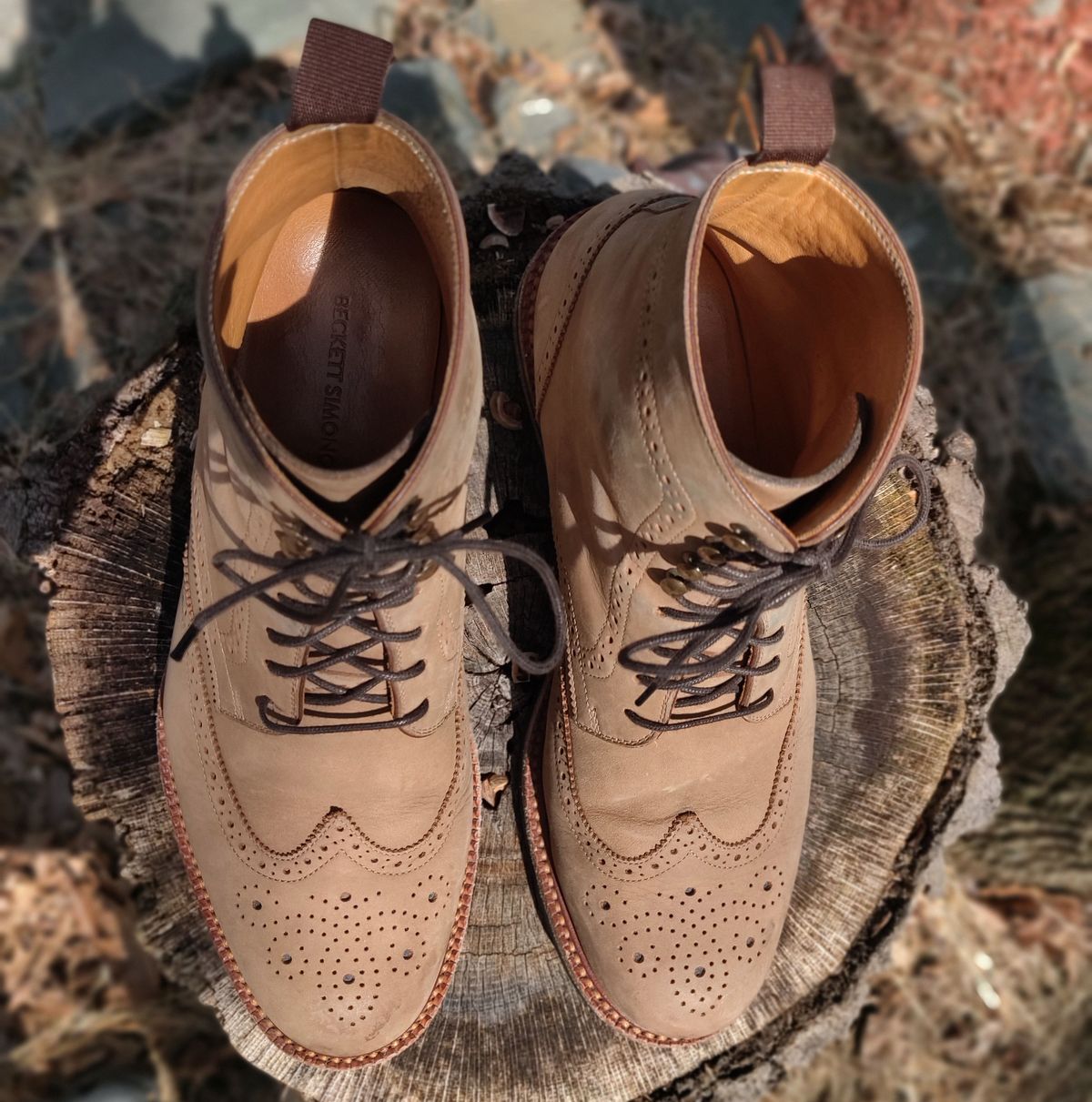 Photo by patinathunderdome on April 3, 2022 of the Beckett Simonon Nolan Brogue Boots in Walnut Nubuck.