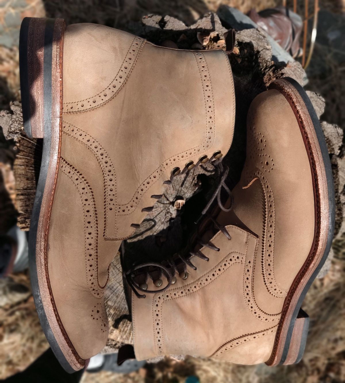 Photo by patinathunderdome on April 3, 2022 of the Beckett Simonon Nolan Brogue Boots in Walnut Nubuck.