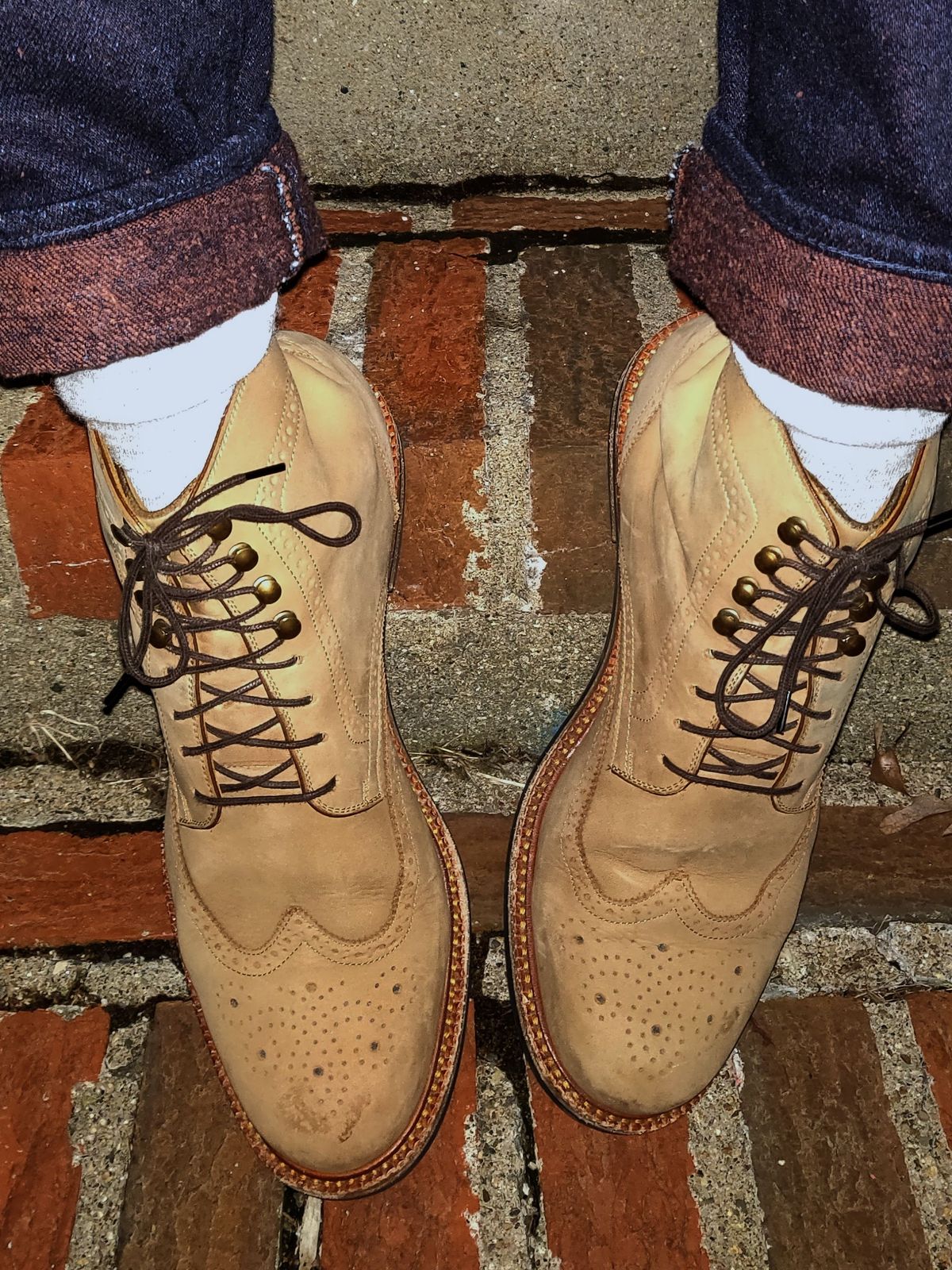 Photo by patinathunderdome on April 3, 2022 of the Beckett Simonon Nolan Brogue Boots in Walnut Nubuck.