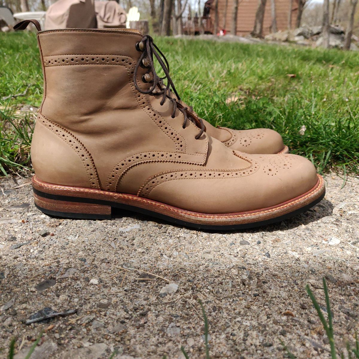 Photo by patinathunderdome on May 6, 2022 of the Beckett Simonon Nolan Brogue Boots in Walnut Nubuck.