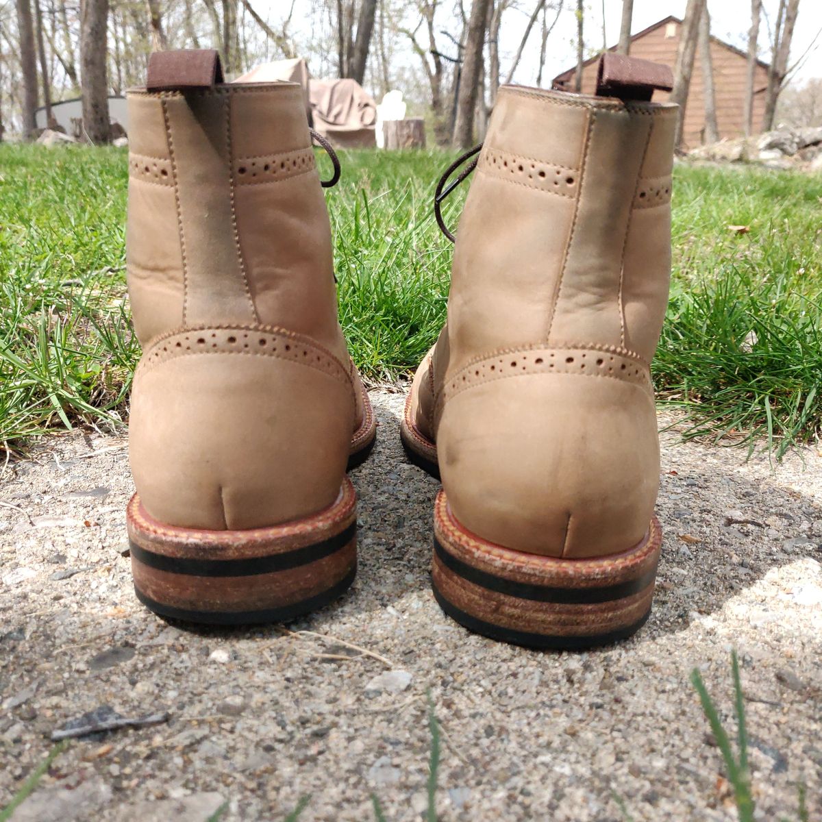 Photo by patinathunderdome on May 6, 2022 of the Beckett Simonon Nolan Brogue Boots in Walnut Nubuck.