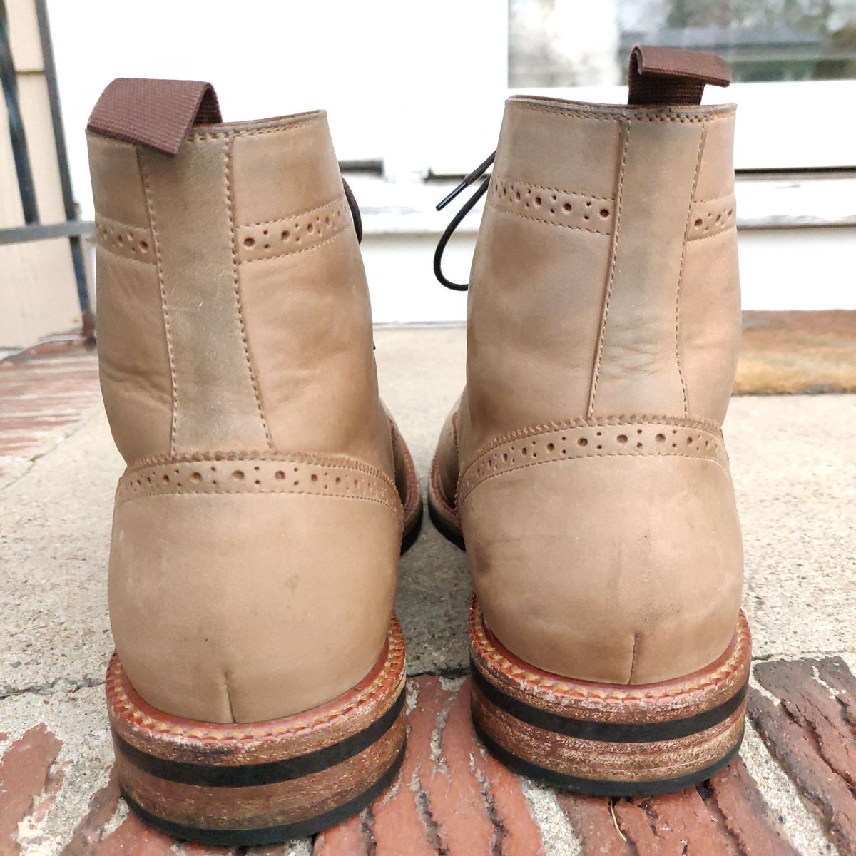 Photo by patinathunderdome on May 6, 2022 of the Beckett Simonon Nolan Brogue Boots in Walnut Nubuck.