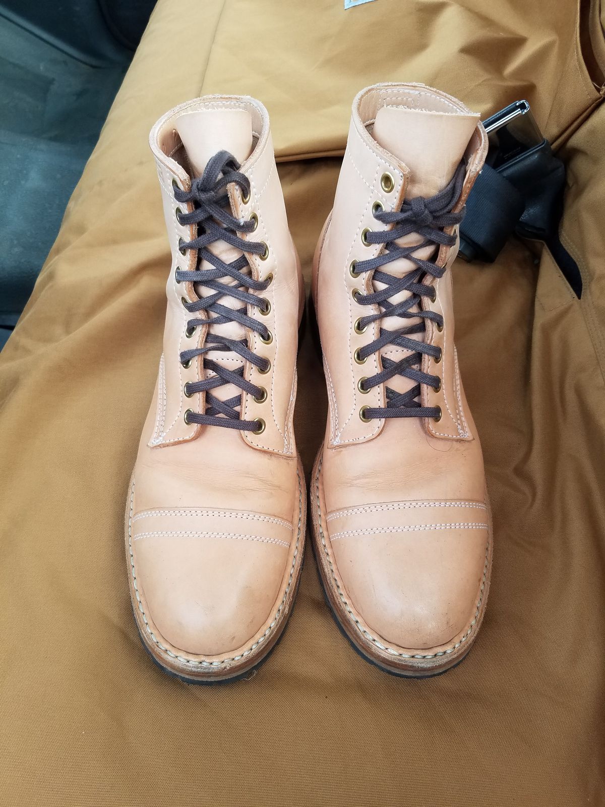Photo by patinathunderdome on November 5, 2021 of the White's MP-Sherman Toe Cap in Wickett & Craig Natural Veg Tan.