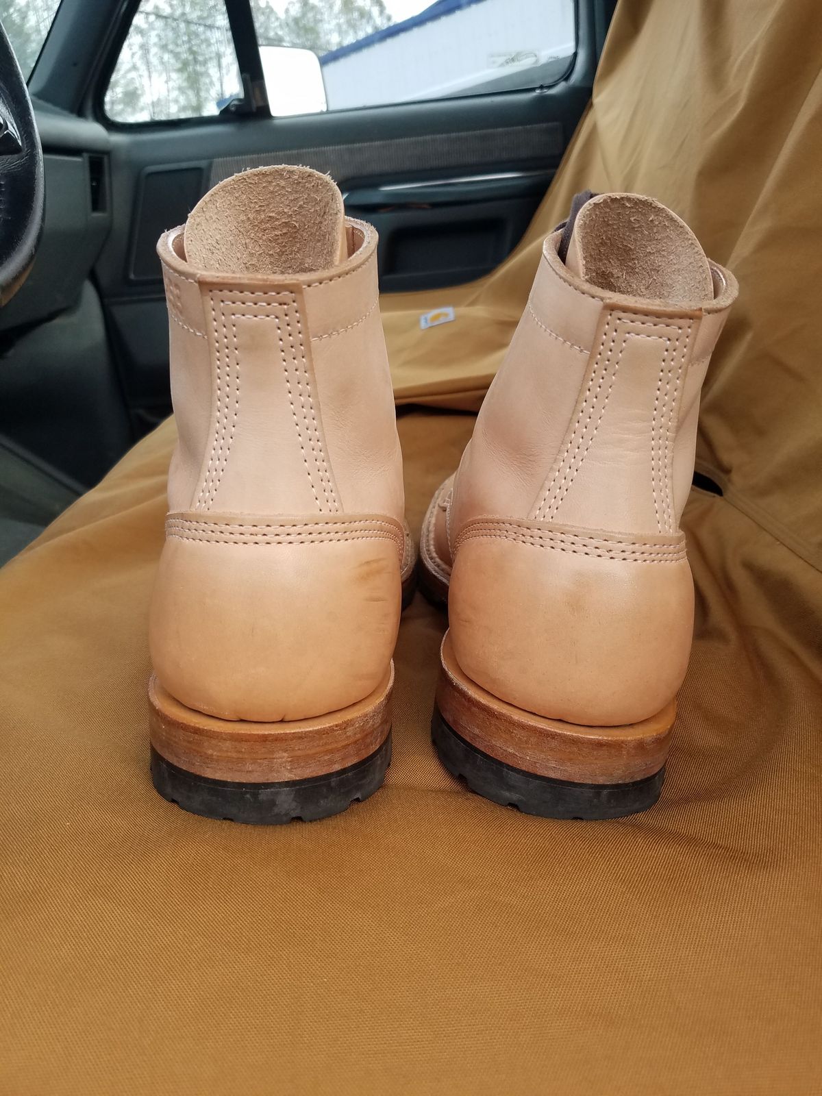 Photo by patinathunderdome on November 5, 2021 of the White's MP-Sherman Toe Cap in Wickett & Craig Natural Veg Tan.