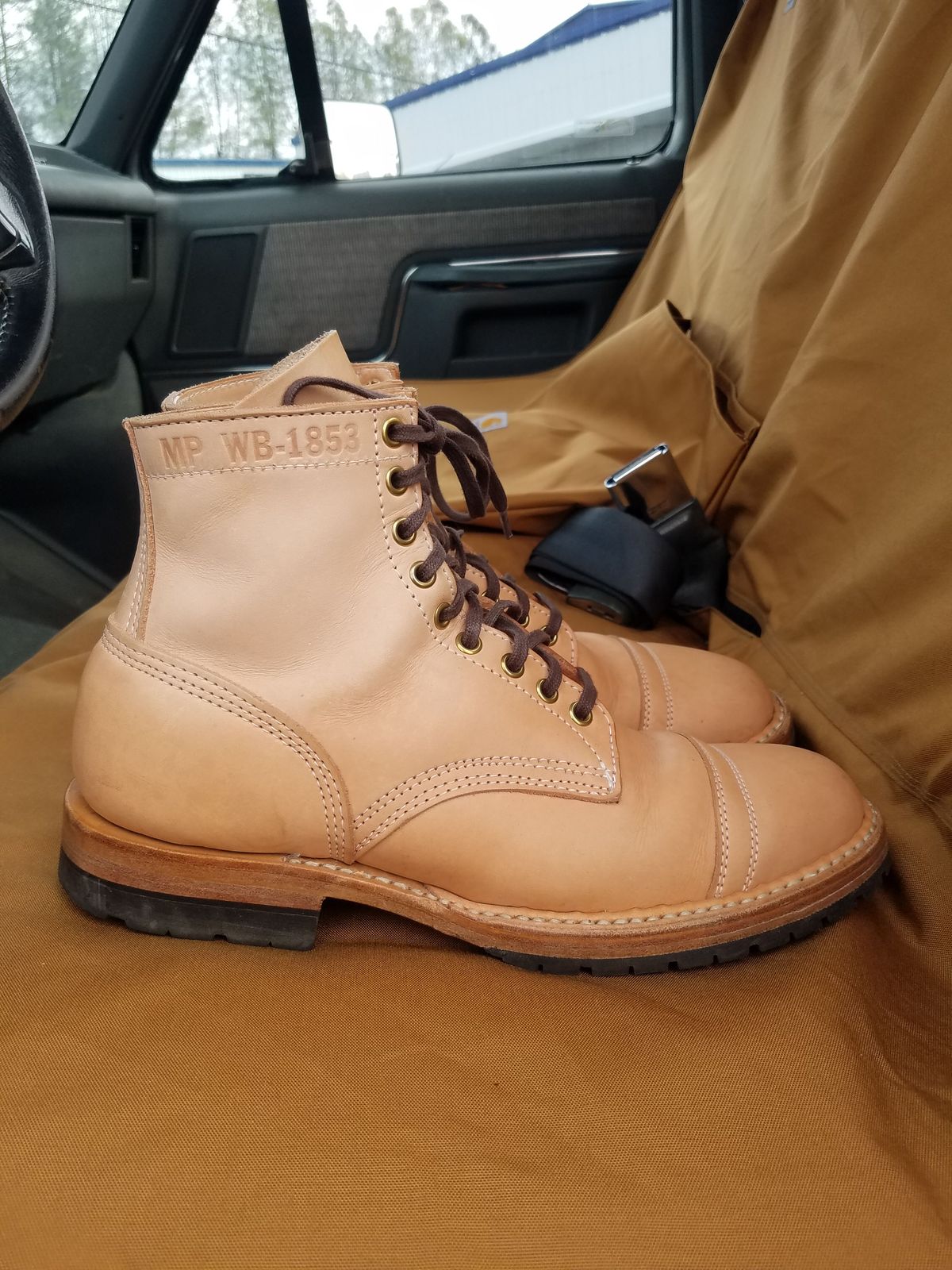 Photo by patinathunderdome on November 5, 2021 of the White's MP-Sherman Toe Cap in Wickett & Craig Natural Veg Tan.