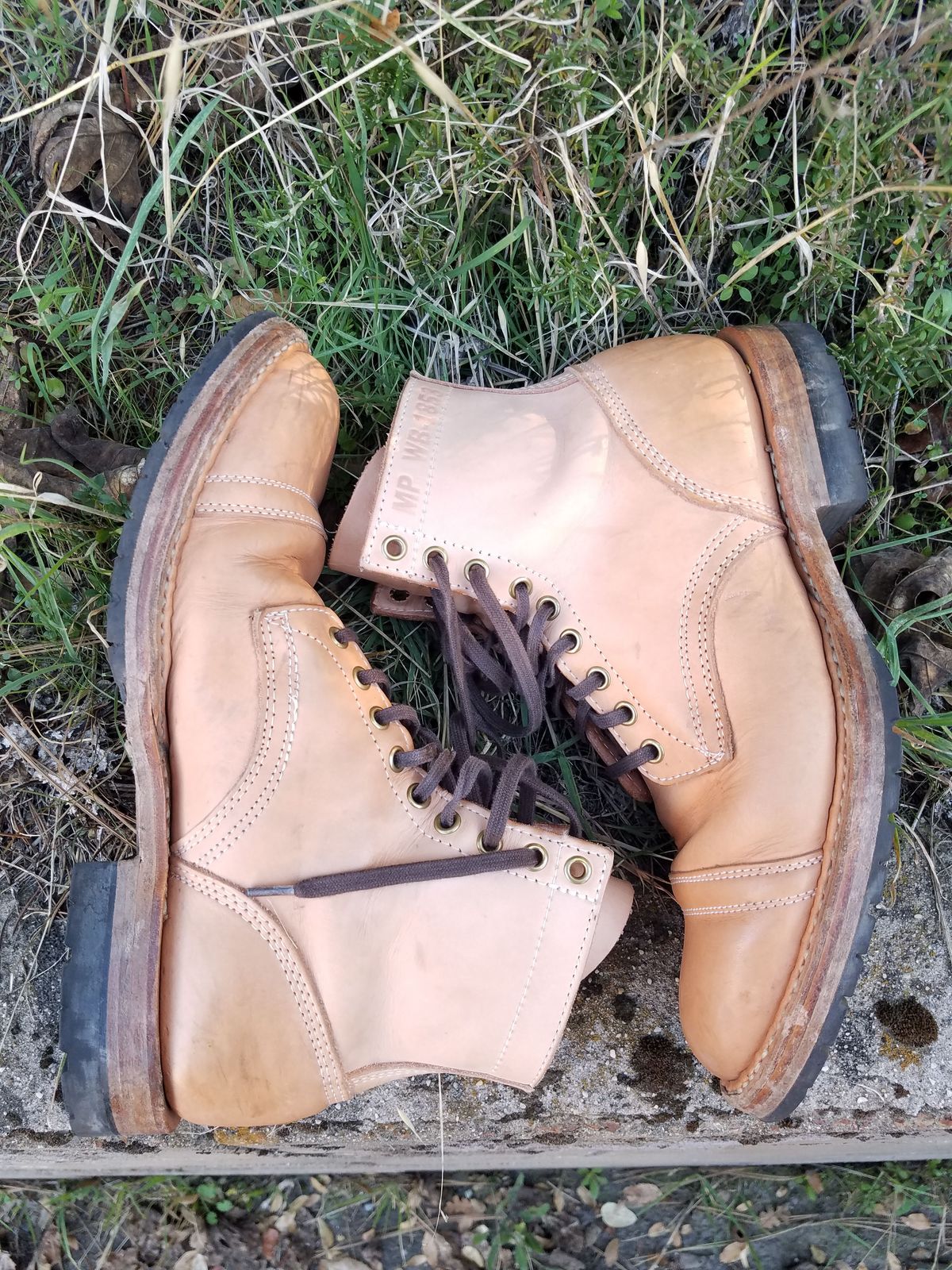 Photo by patinathunderdome on December 4, 2021 of the White's MP-Sherman Toe Cap in Wickett & Craig Natural Veg Tan.
