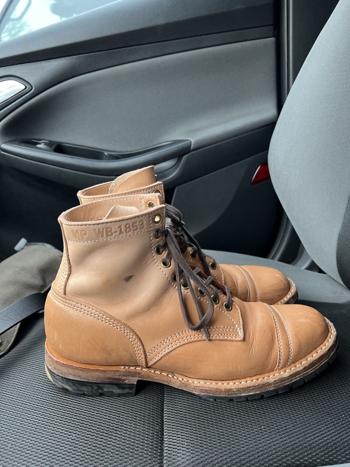 Photo by patinathunderdome on January 4, 2022 of the White's MP-Sherman Toe Cap in Wickett & Craig Natural Veg Tan.