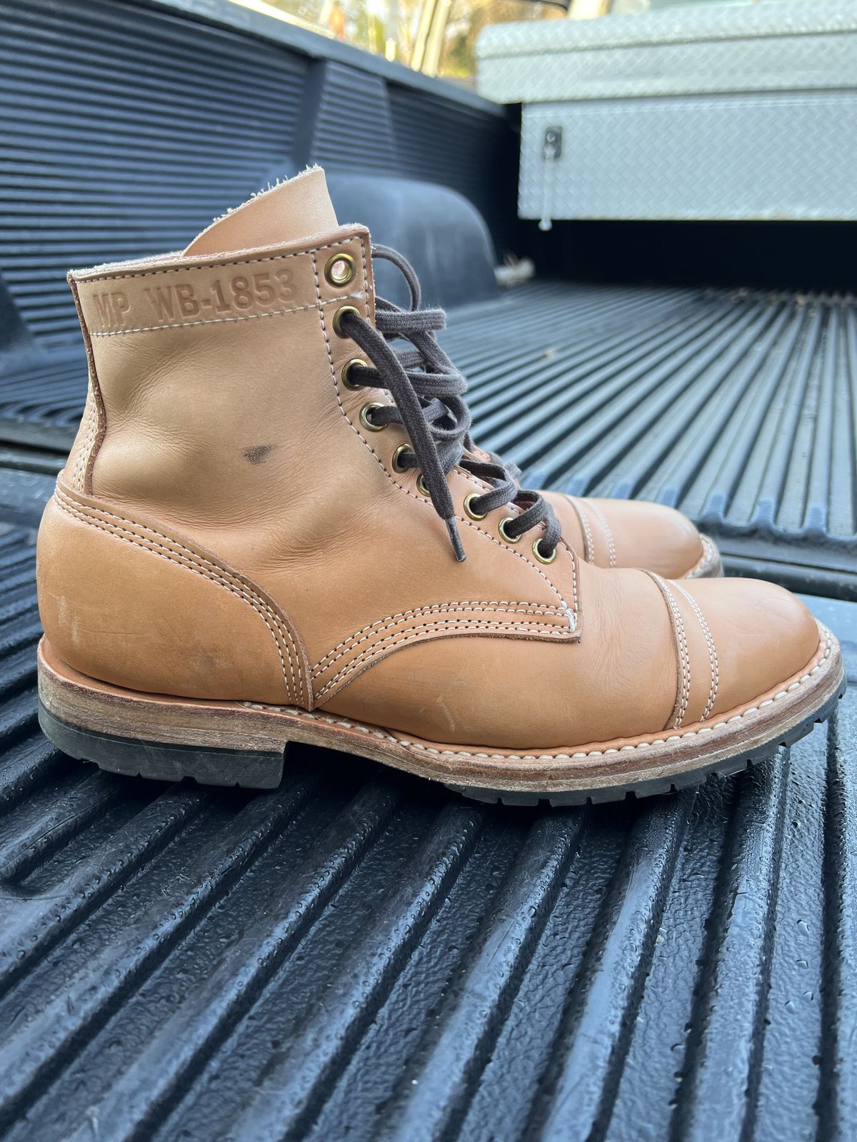 Photo by patinathunderdome on February 4, 2022 of the White's MP-Sherman Toe Cap in Wickett & Craig Natural Veg Tan.