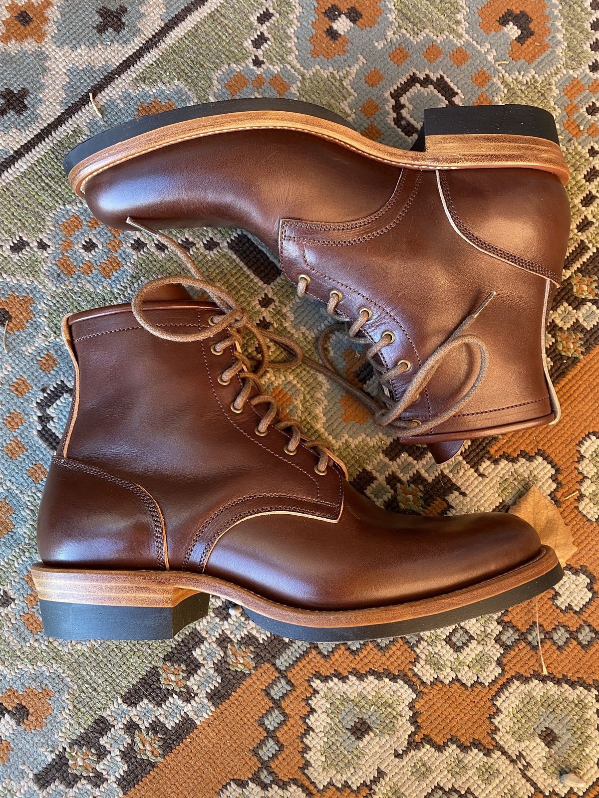 Photo by patinathunderdome on November 1, 2021 of the Flame Panda Service Boot in Conceria Walpier Natural Buttero Overdyed Brown.